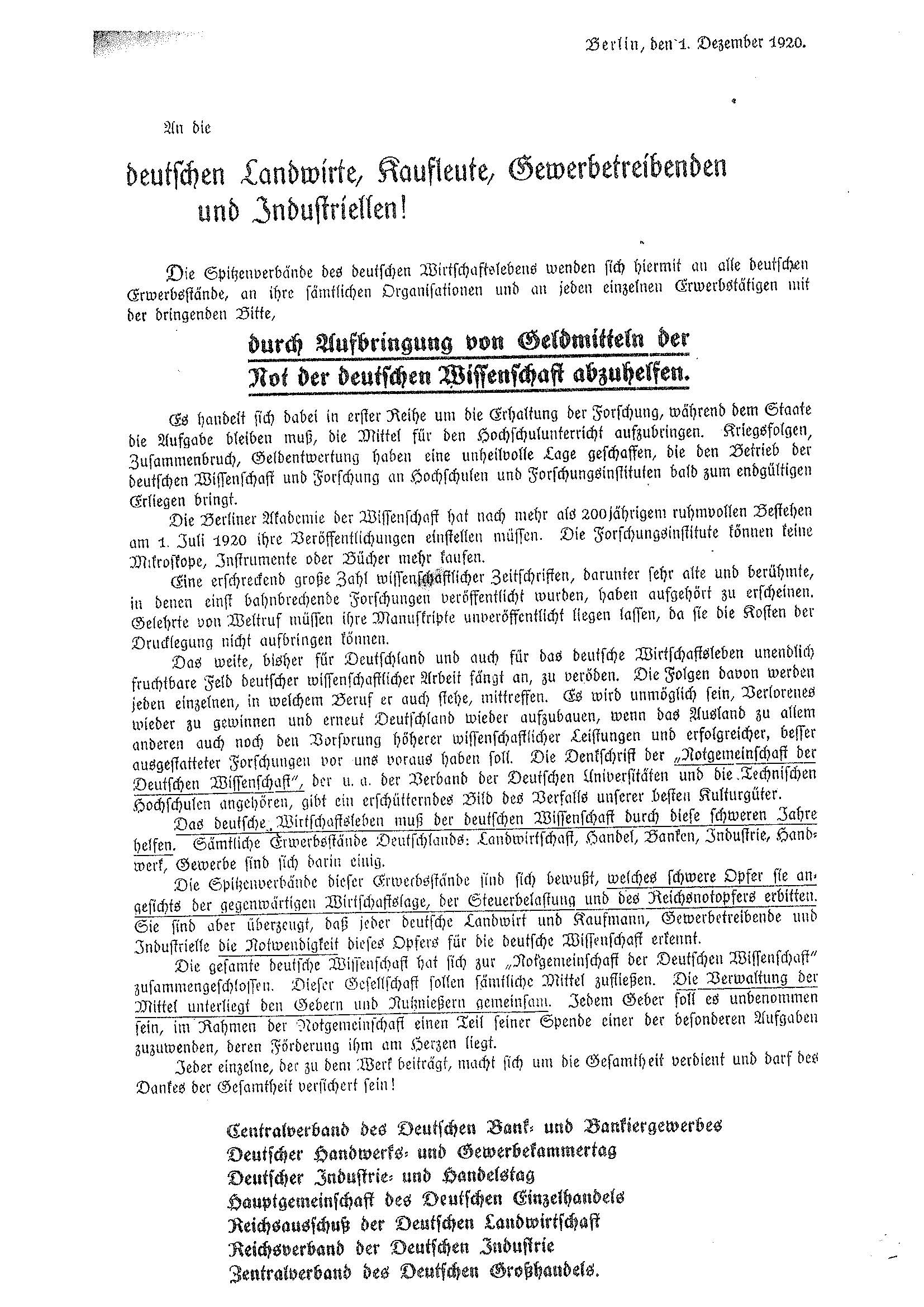 Appeal “To German farmers, merchants, tradespeople and industrialists”, 01/12/1920