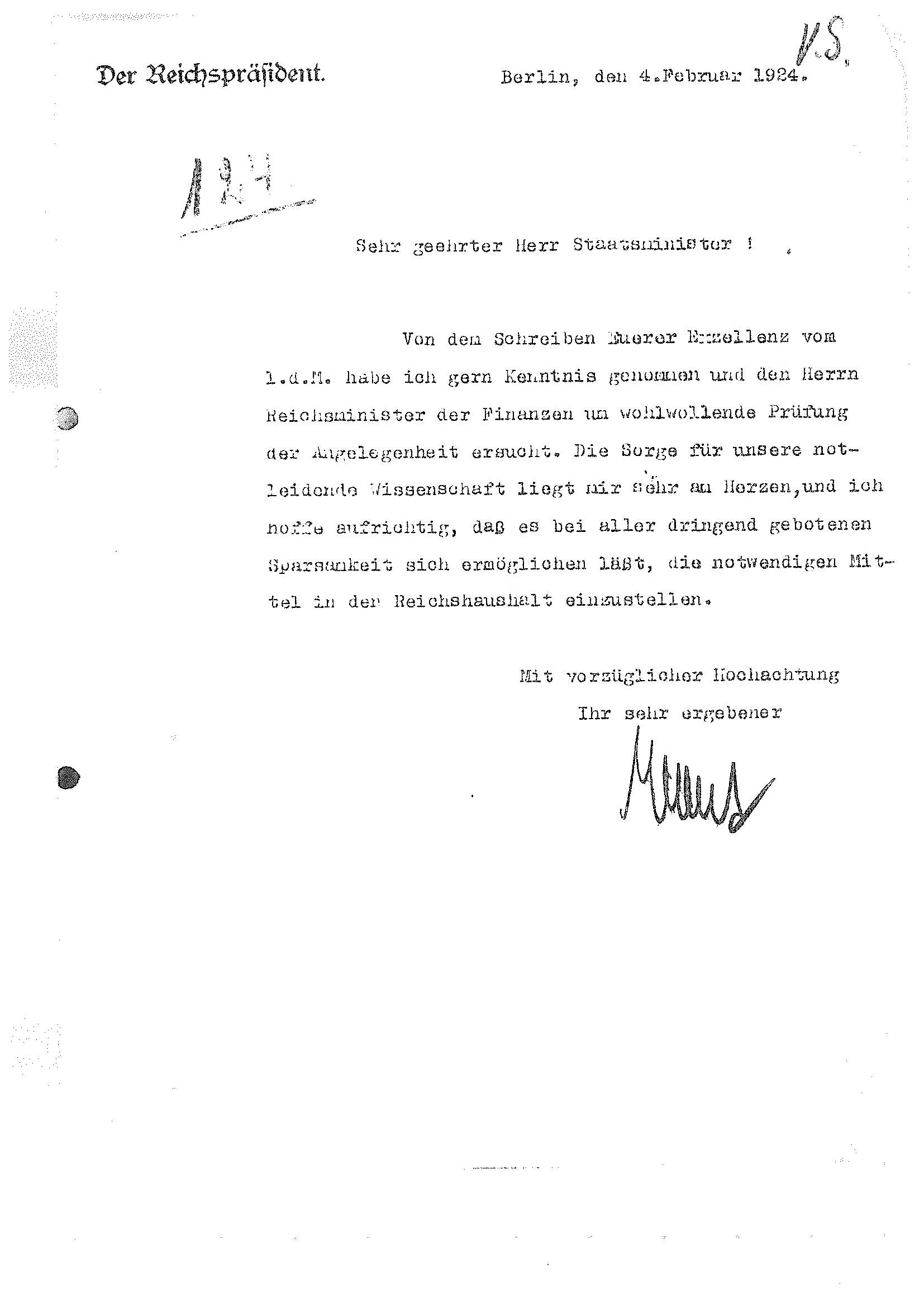 Letter from Reich President Friedrich Ebert to Friedrich Schmidt-Ott, 1924