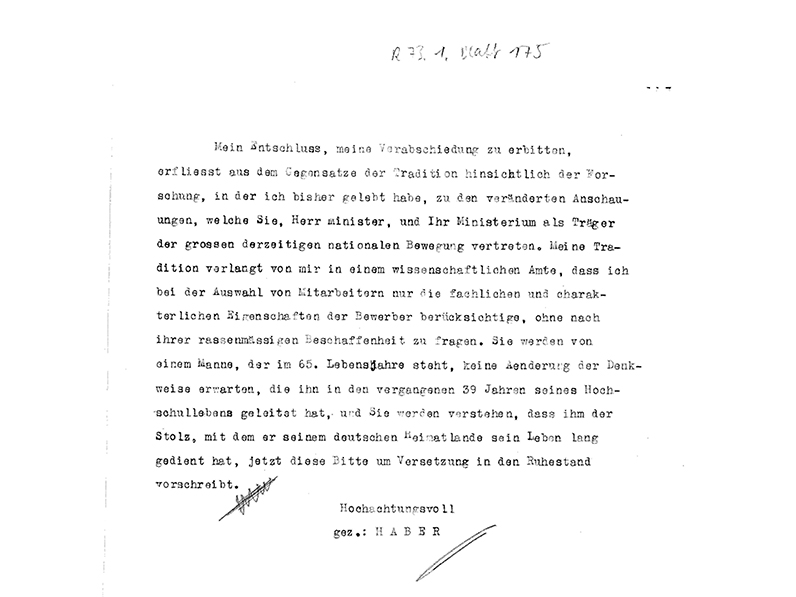 Fritz Haber's explanation of his resignation: the incompatibility of his work as a scientist with the conditions of National Socialism