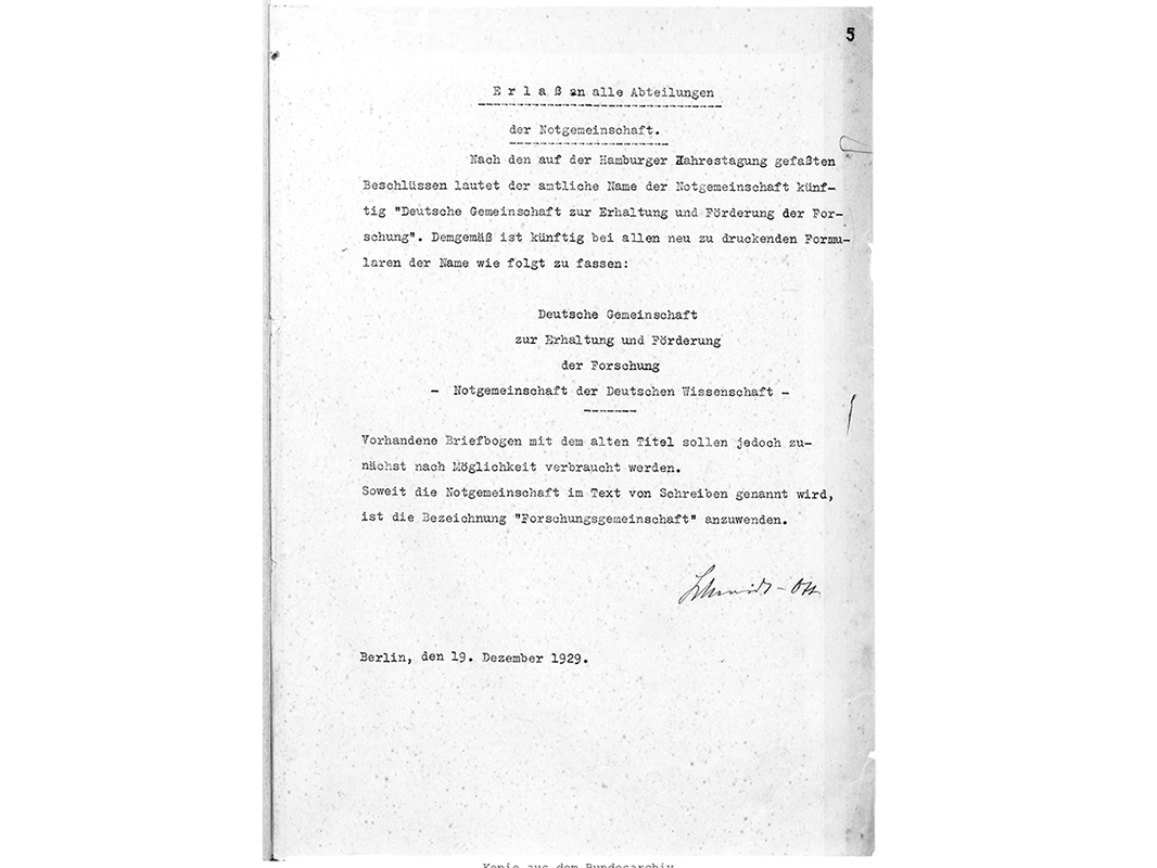 The letter concerning the first change to the name of the “Notgemeinschaft”