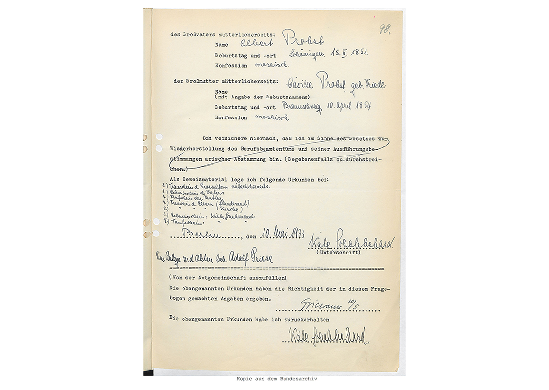 Extract from Käthe Schabbehard's personal information form
