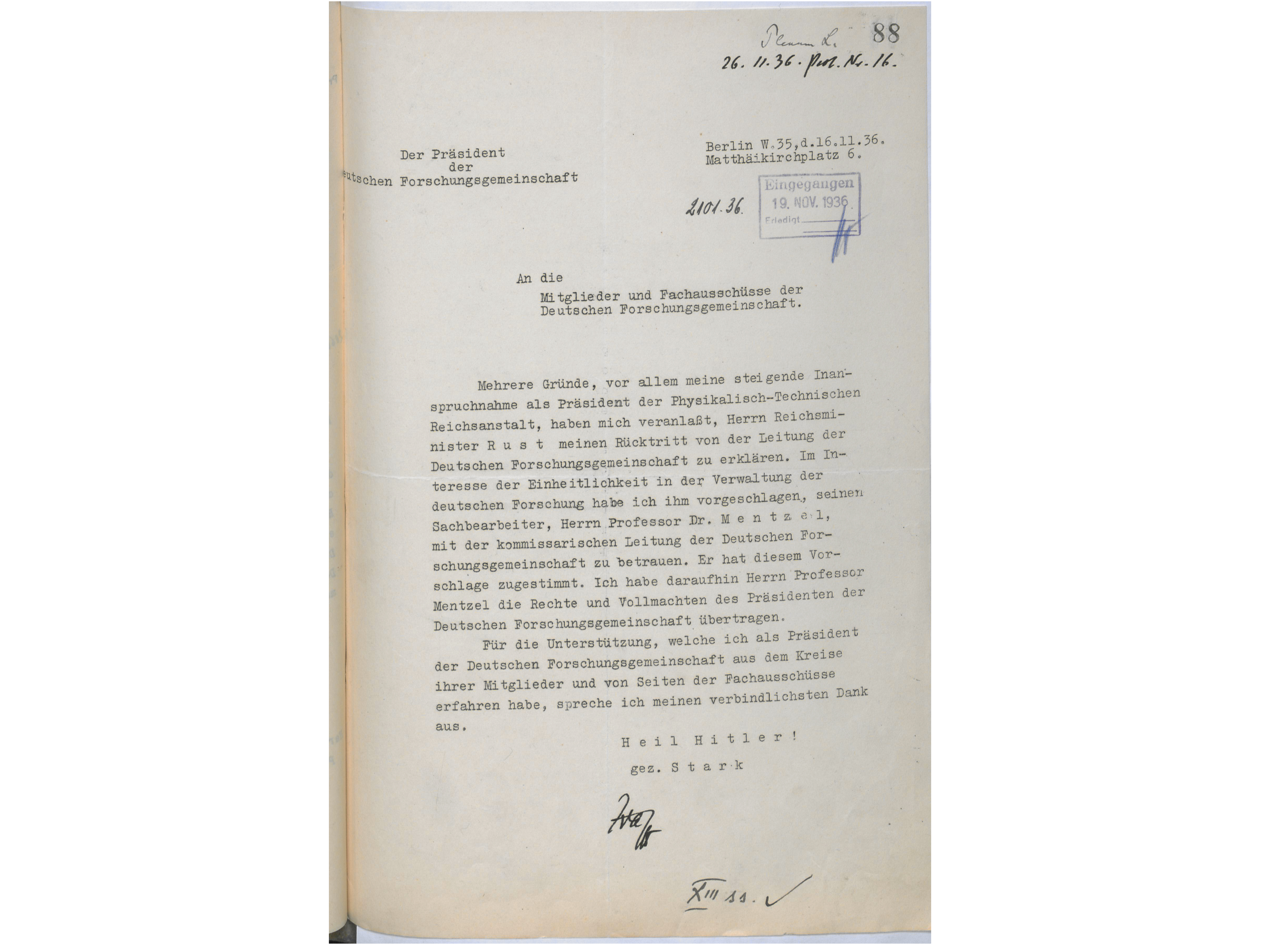 Stark's letter of resignation dated 26 November 1936