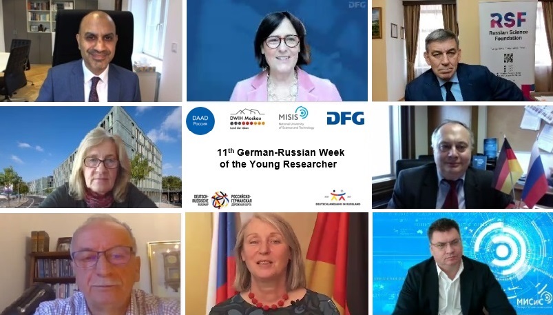 Session I of the virtual German-Russian Week of the Young Researcher (from left): J. Mukherjee (DAAD), K. Becker (DFG), A. Khlunov (RSF), G. Hermani (BMBF), V. Kvardakov (RFBR), Yu. Balega (RAS), B. Grzeski (German Embassy Moscow, via video message),