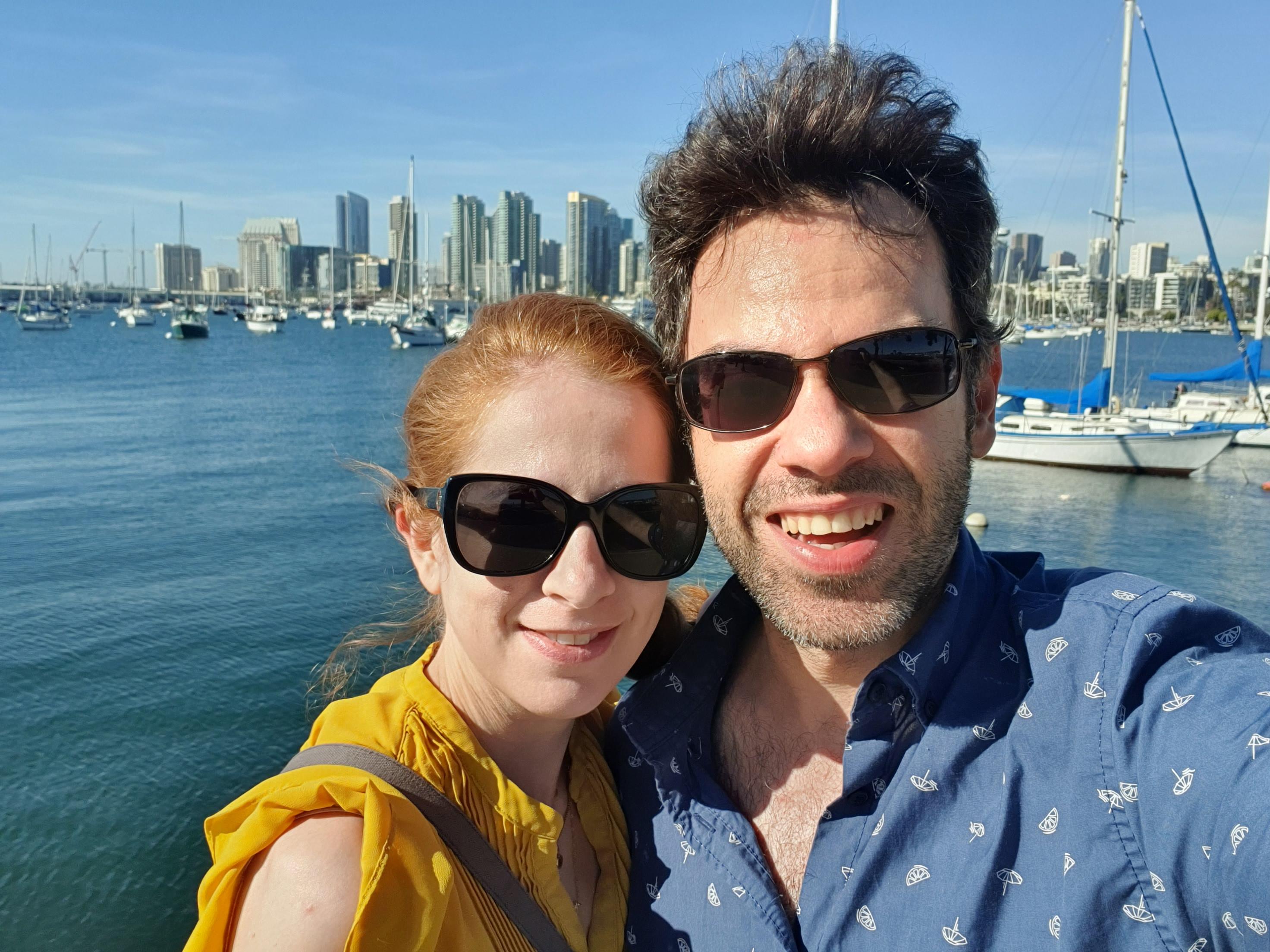 Simone and Theo Tzaridis in front of the San Diego skyline