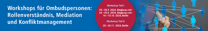 Banner: Workshops für Ombudspersonen: Rollenverständnis, Mediation und Konfliktmanagement