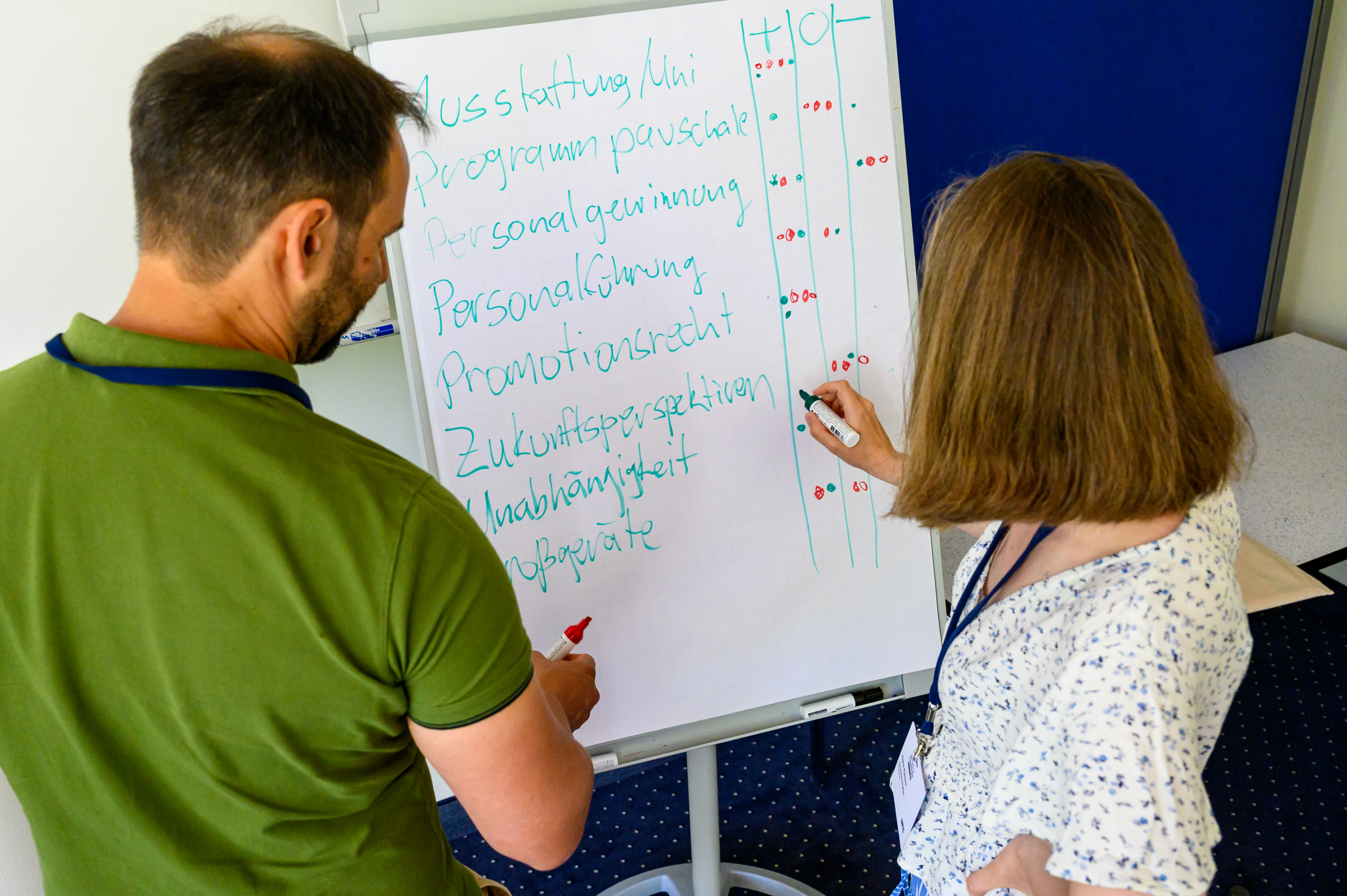 Zwei Menschen stehen vor einem Flipchart und markieren Themen