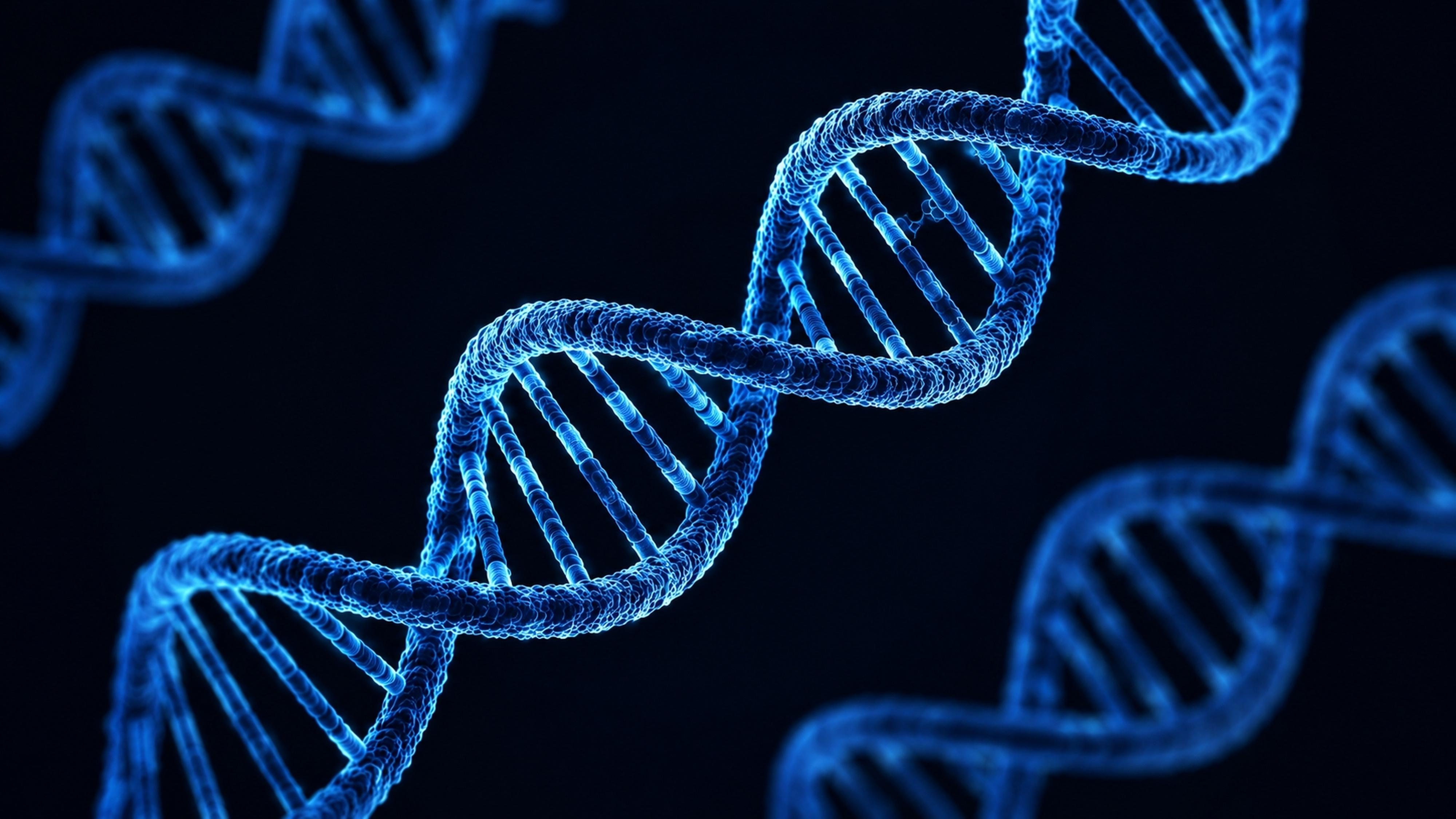 Nahaufnahme einer DNA-Doppelhelix in Blautönen, die komplexe Strukturen zeigt.