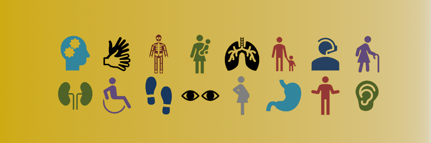 Dunkelgelber Hintergrund mit 16 Symbolen in verschiedenen Farben. Die Symbole zeigen schematisch Körperorgane oder verschiedene Menschen mit oder ohne sichtbare Behinderung. 