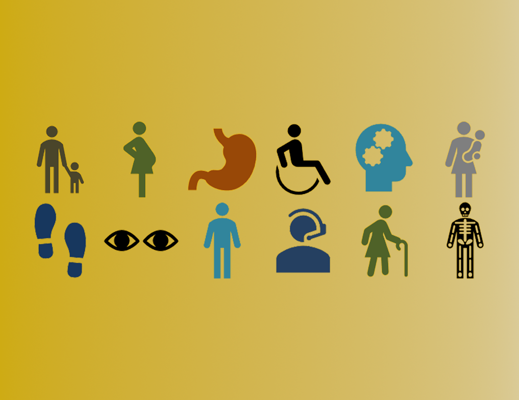 Dunkelgelber Hintergrund mit Symbolen in verschiedenen Farben. Die Symbole zeigen schematisch Körperorgane oder verschiedene Menschen mit oder ohne sichtbare Behinderung.