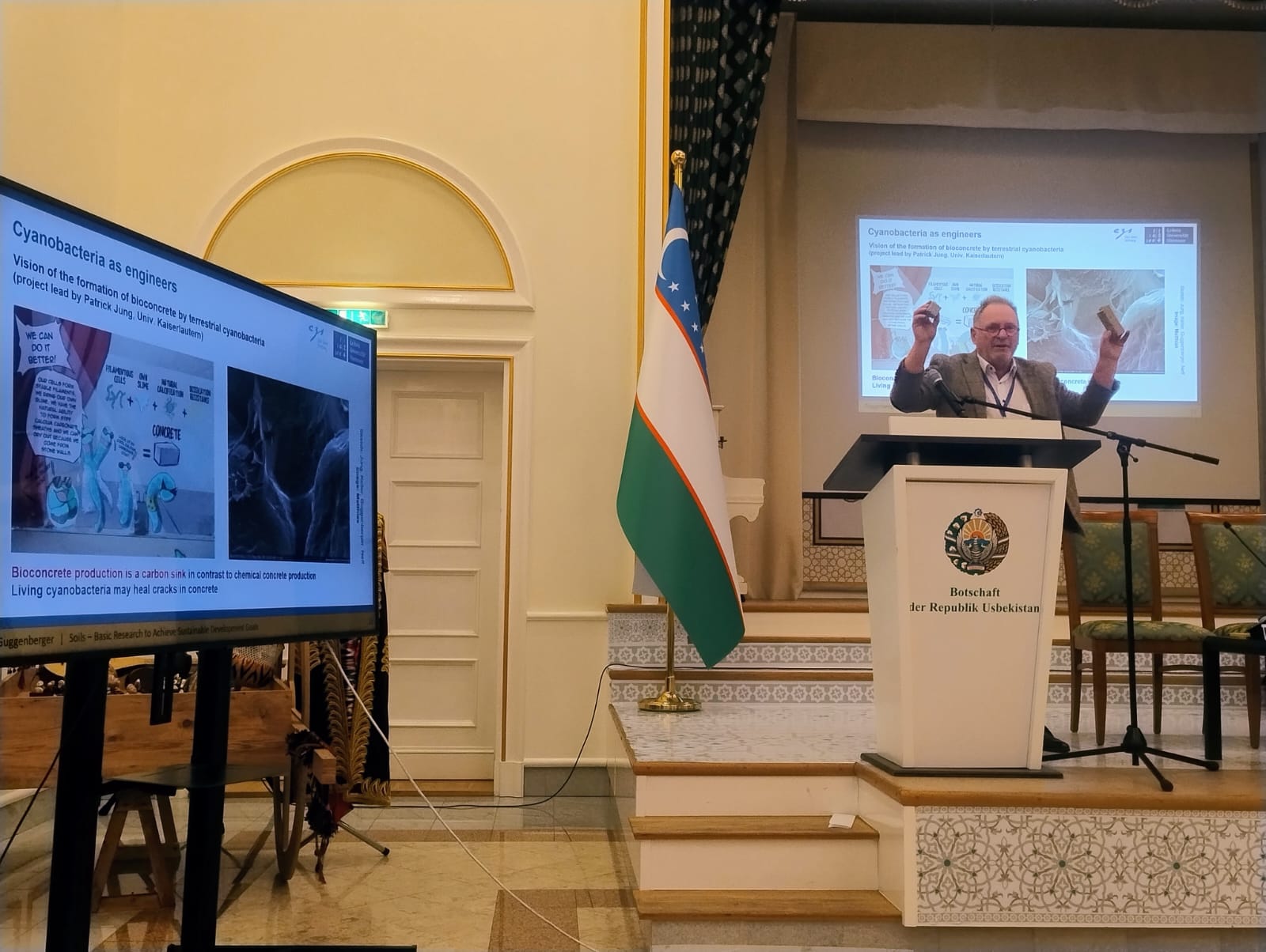 picture of the DFG Senator Professor Guggenberger giving his lecture at the bilateral Higher Education Forum in November 2025 at the Embassy of Uzbekistan in Berlin. 