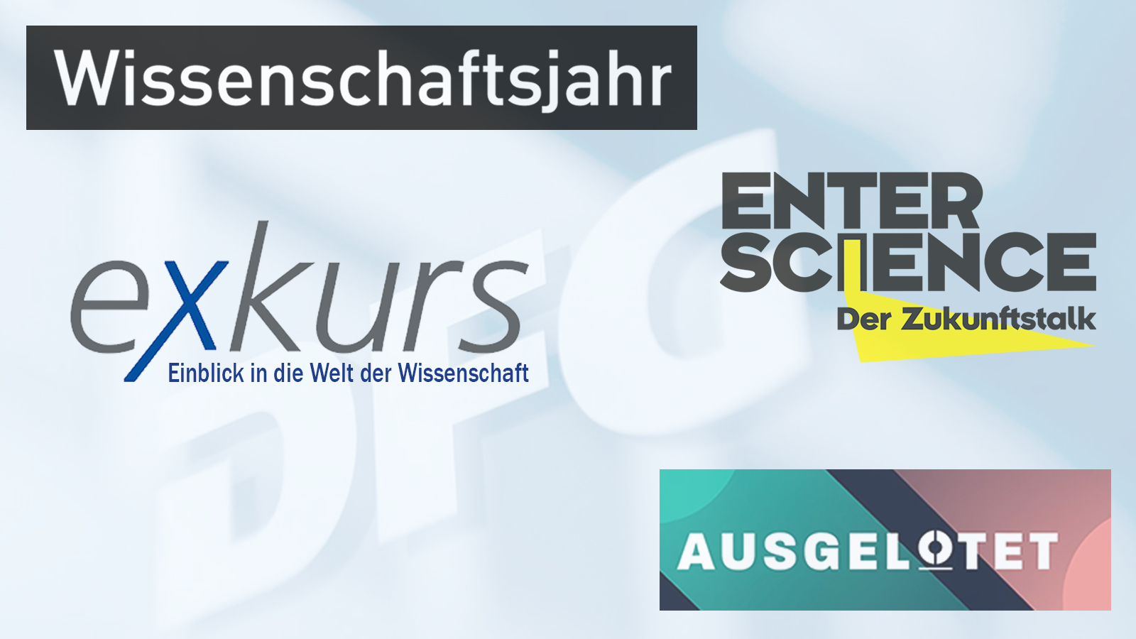 A collage with logos of Wissenschaftsjahre, exkurs – Einblick in die Welt der Wissenschaft (Insight into the world of science), Enter Science – Der Zukunftstalk (The future talk) as well as Ausgelotet.