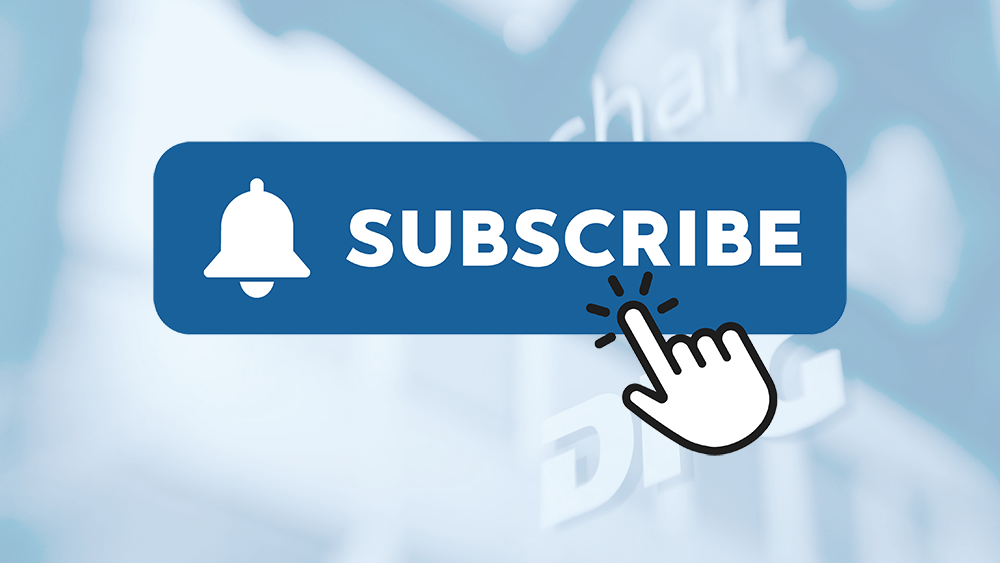 Blue button with a white bell and the lettering "SUSCRIBE" and a symbol of a clicking hand in front of a lightly transparent DFG background.