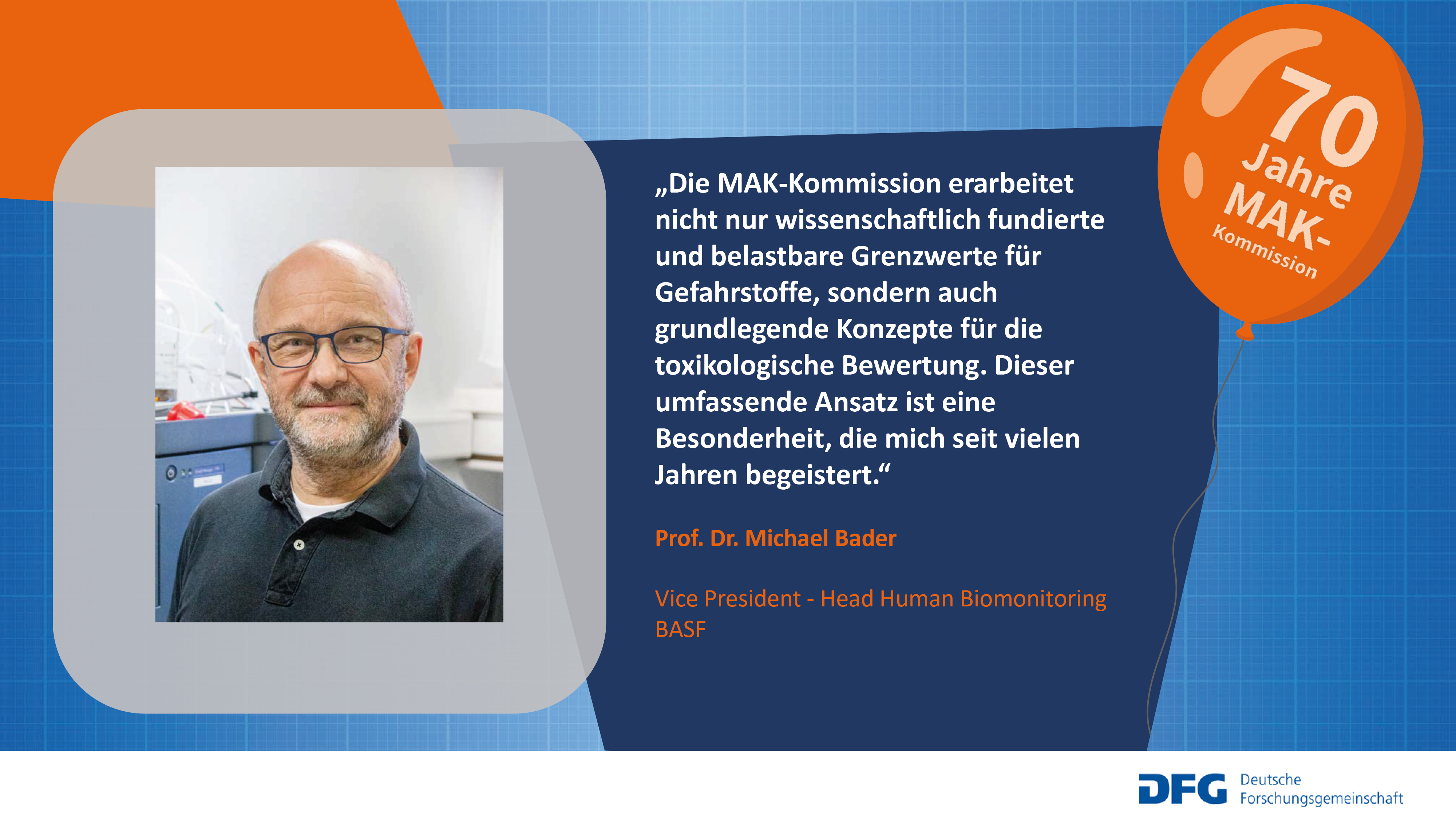 Auf diesem Bild wird Herr Prof. Dr. Michael Bader der MAK-Kommission mit einem Zitat zur Zusammenarbeit in der Kommission vorgestellt.