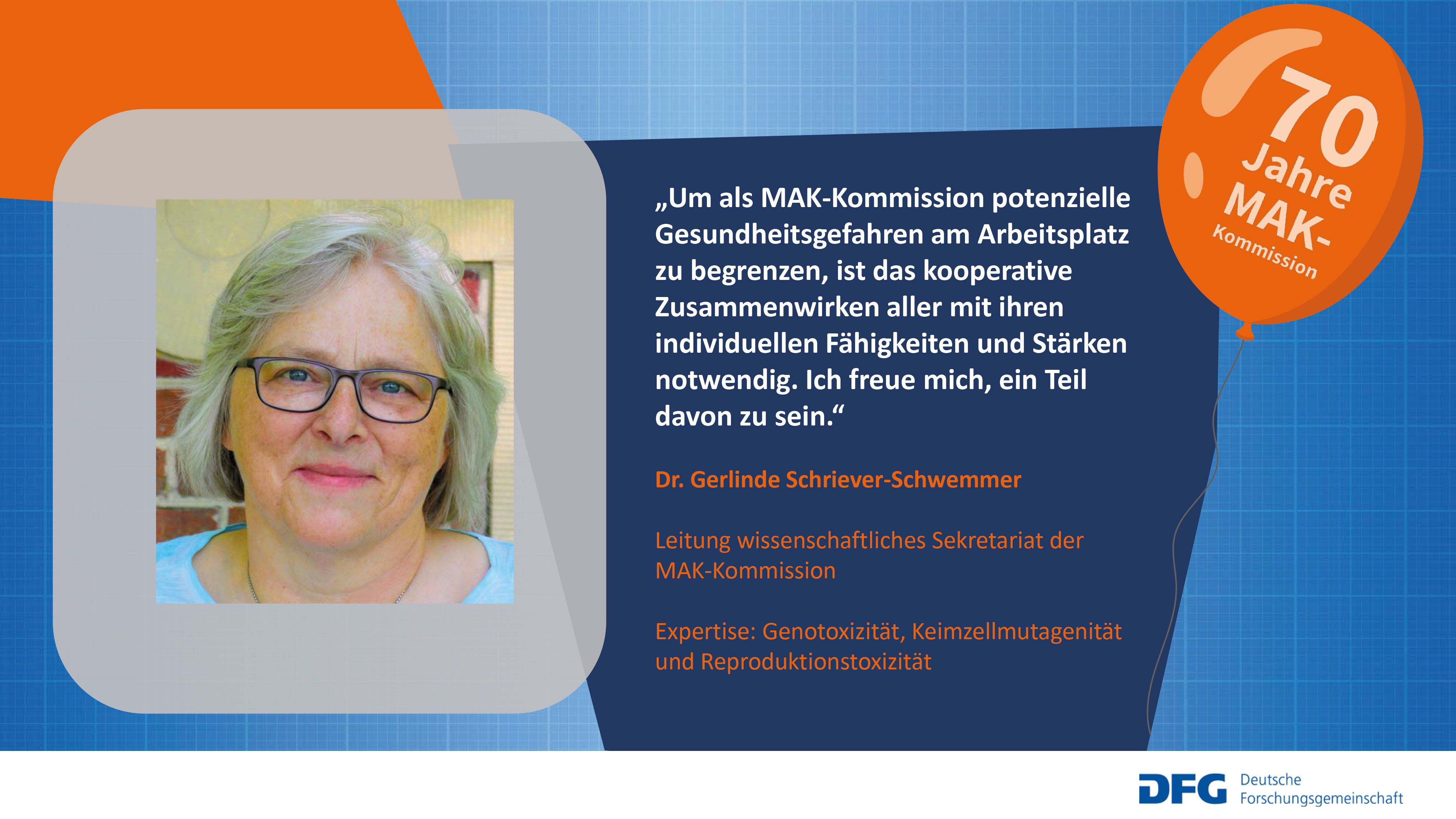 Auf diesem Bild wird Dr. Gerlinde Schriever-Schwemmer der MAK-Kommission mit einem Zitat zur Zusammenarbeit in der Kommission vorgestellt.