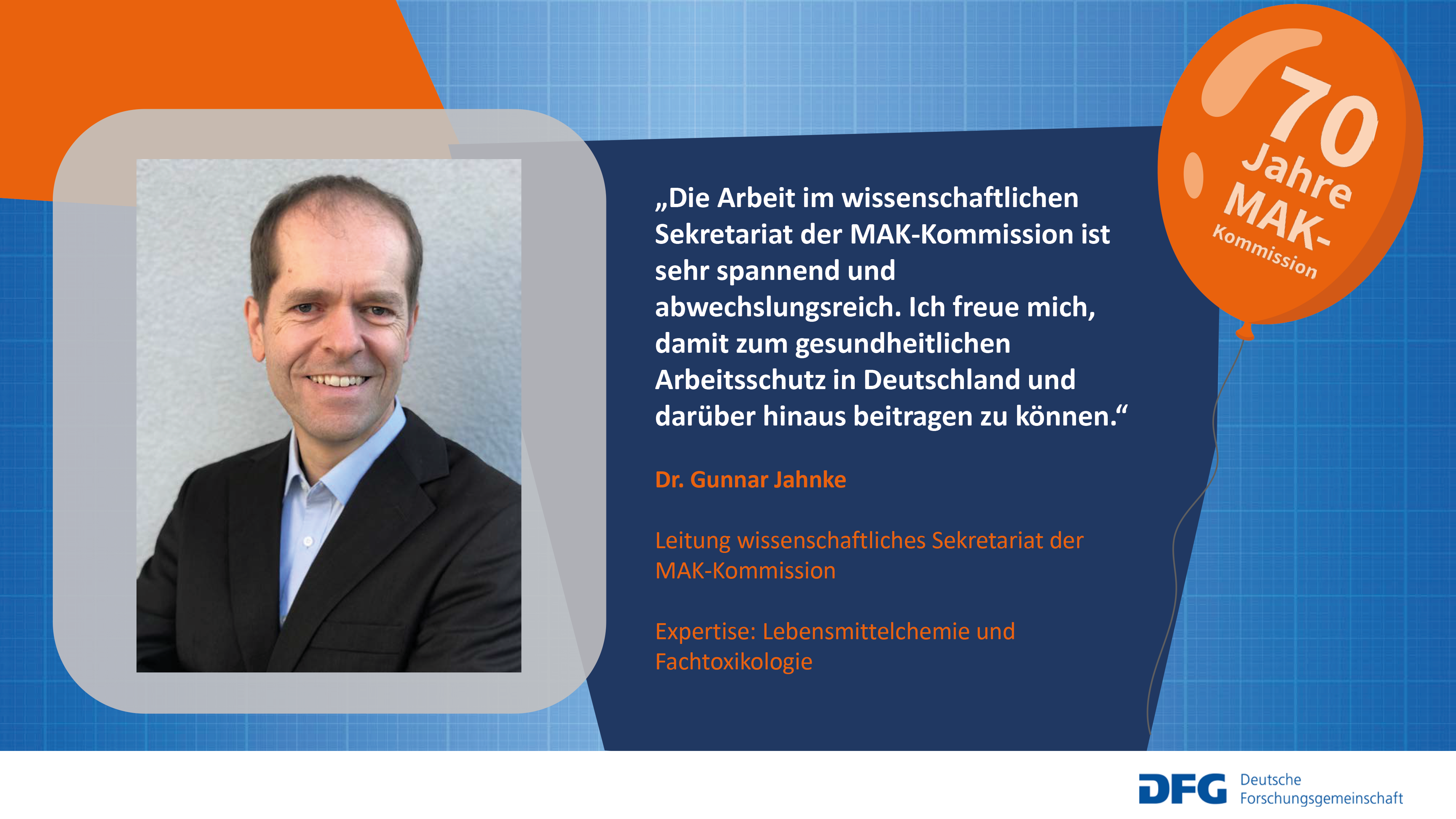 Auf diesem Bild wird Dr. Gunnar Jahnke der MAK-Kommission mit einem Zitat zur Zusammenarbeit in der Kommission vorgestellt.