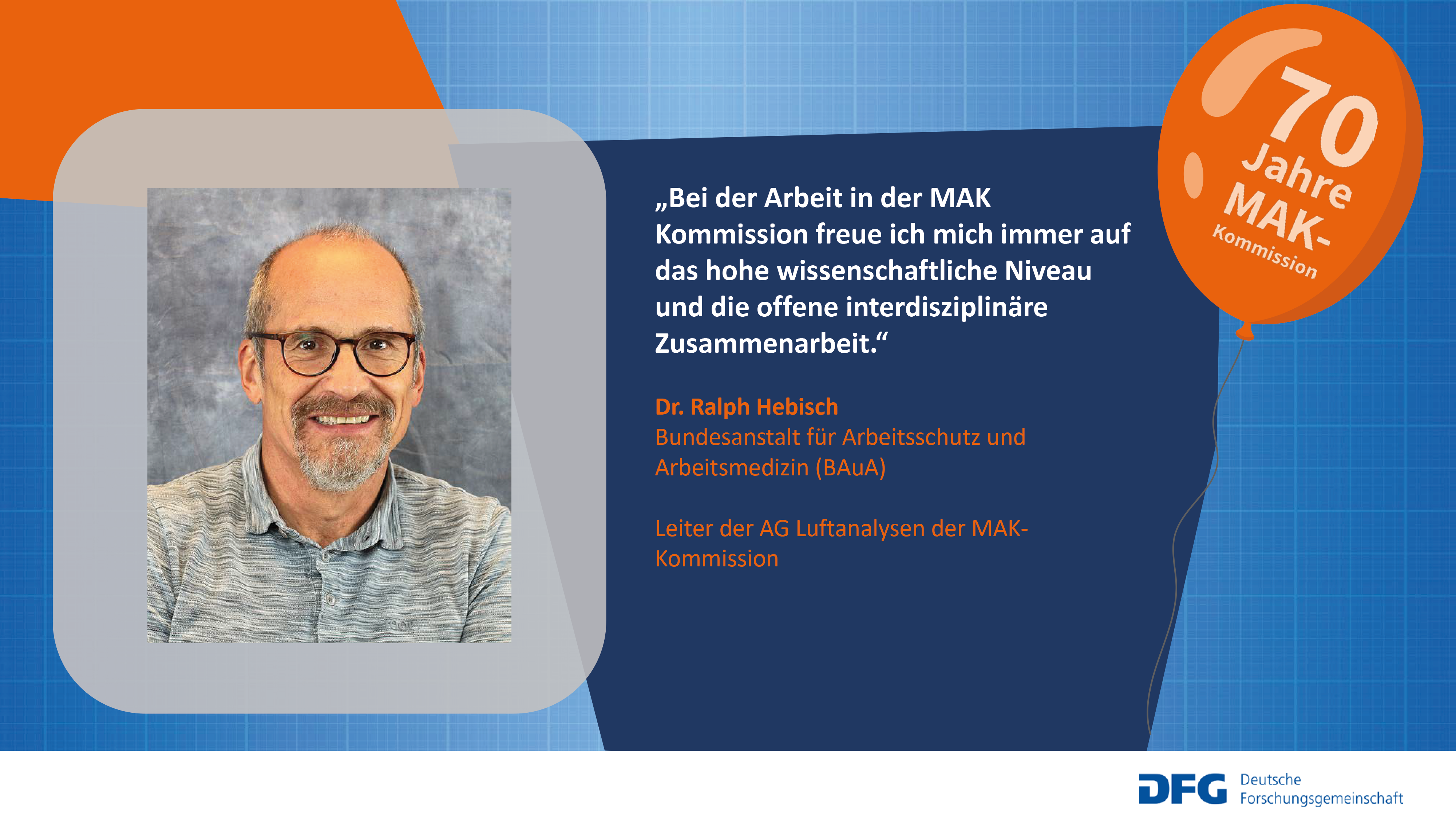 Auf diesem Bild wird der Mitarbeiter Herr Dr. Ralph Hebisch der MAK-Kommission mit einem Zitat zur Zusammenarbeit in der Kommission vorgestellt.