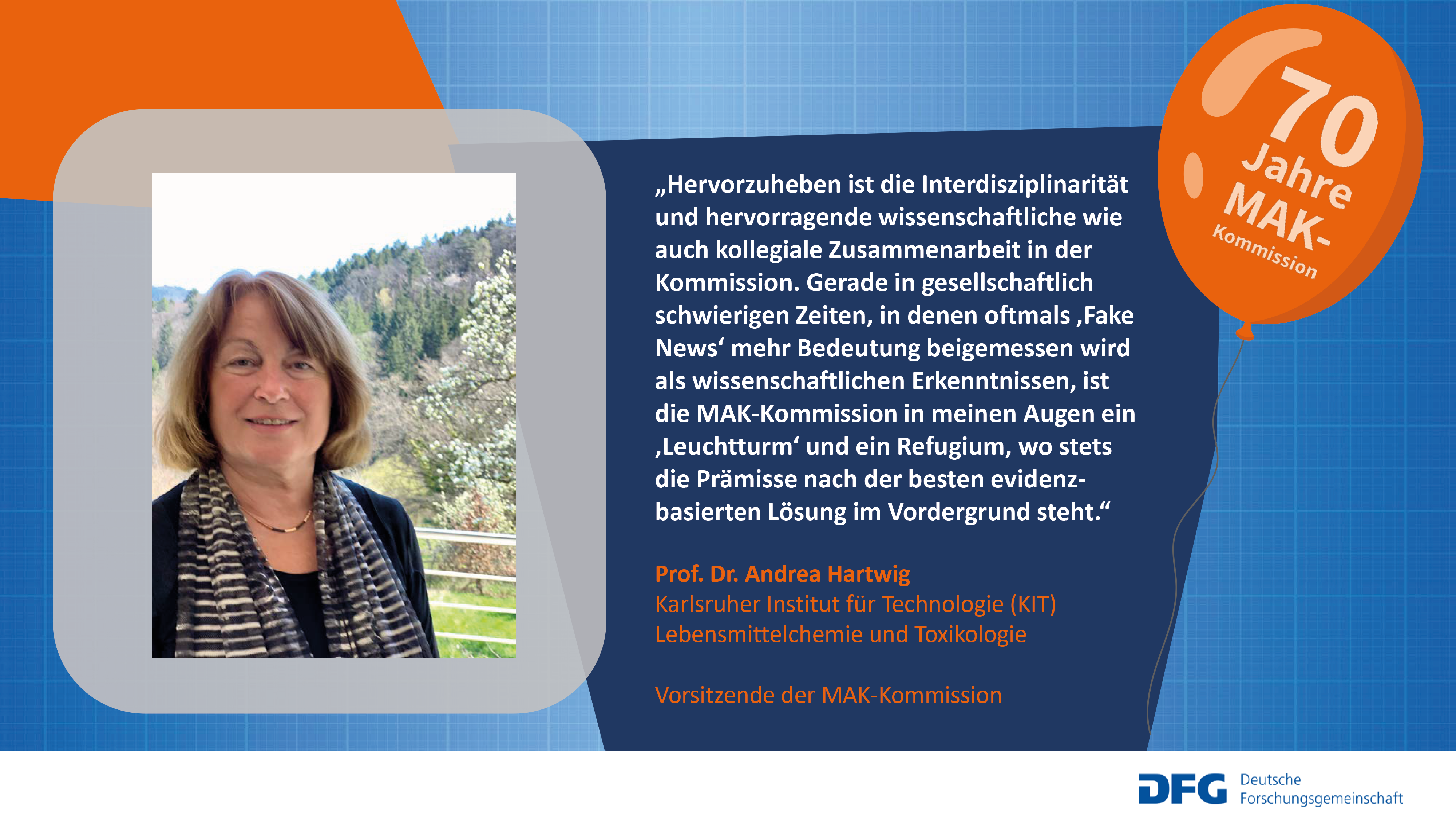 Auf diesem Bild wird die Mitarbeiterin Frau Dr. Andrea Hartwig der MAK-Kommission mit einem Zitat zur Zusammenarbeit in der Kommission vorgestellt.