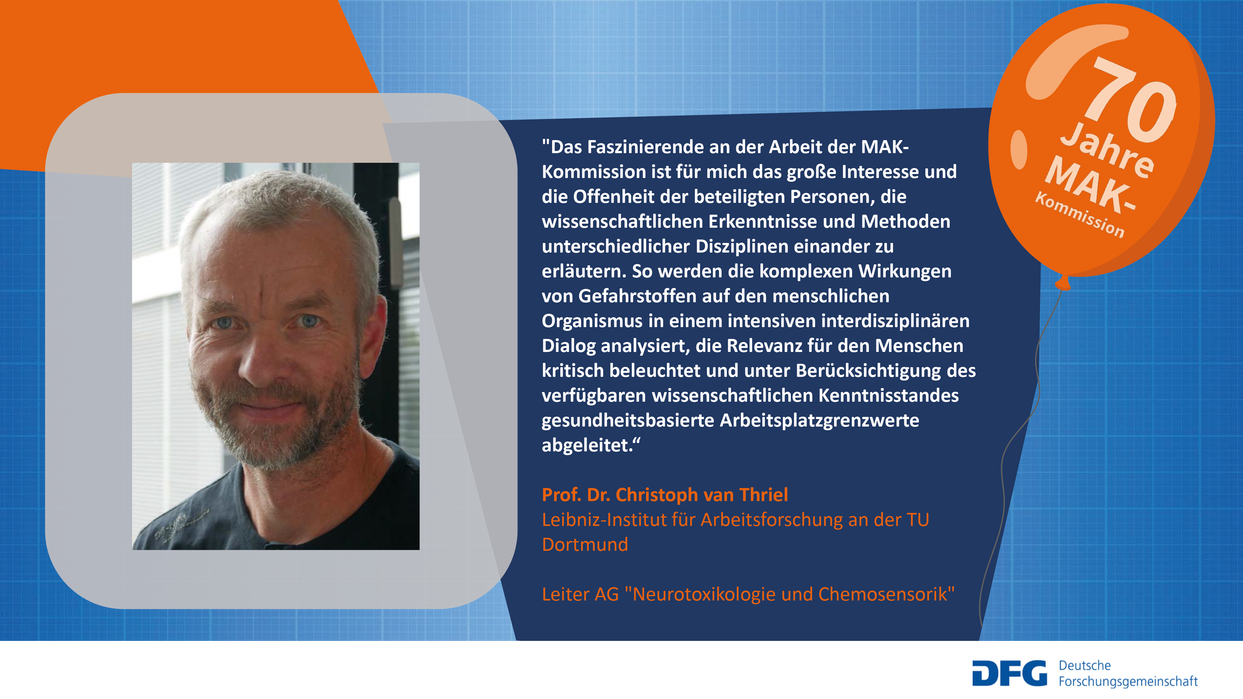 Auf diesem Bild wird der Mitarbeiter Prof. Dr. Christoph van Thriel der MAK-Kommission mit einem Zitat zur Zusammenarbeit in der Kommission vorgestellt.