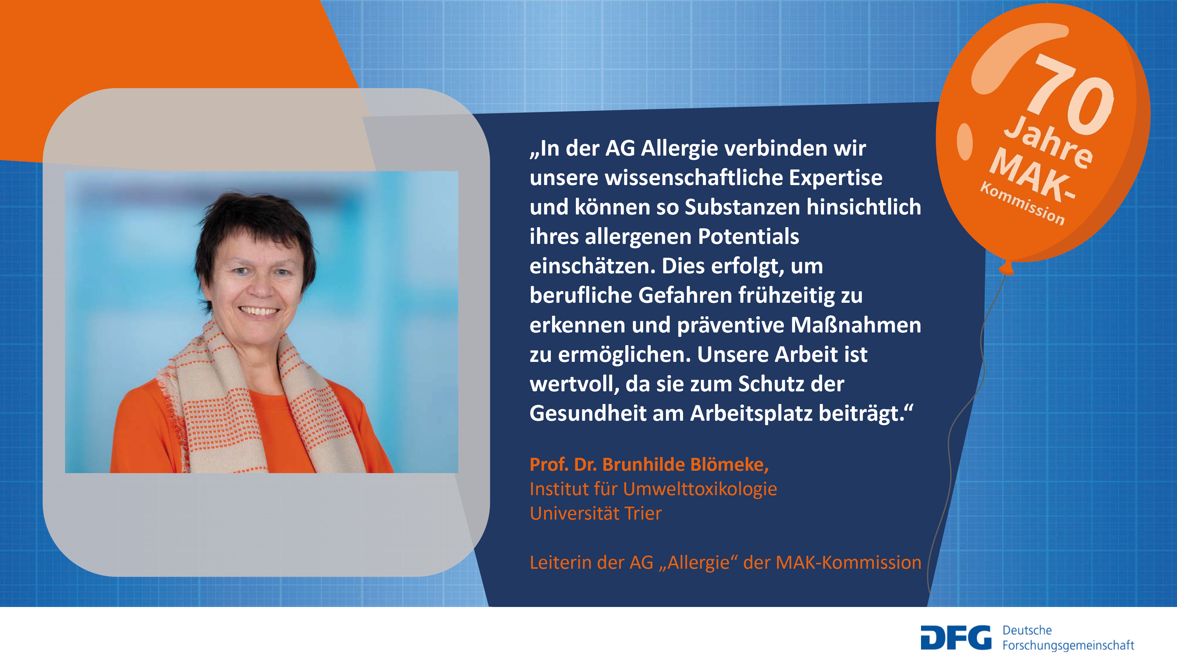 Auf diesem Bild wird die Mitarbeiterin Frau Prof. Dr. Brunhilde Blömeke der MAK-Kommission mit einem Zitat zur Zusammenarbeit in der Kommission vorgestellt.