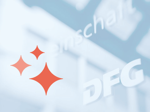 Drei orangene Sterne unten links auf einem transparenteren Hintergrund der DFG-Geschäftsstelle.