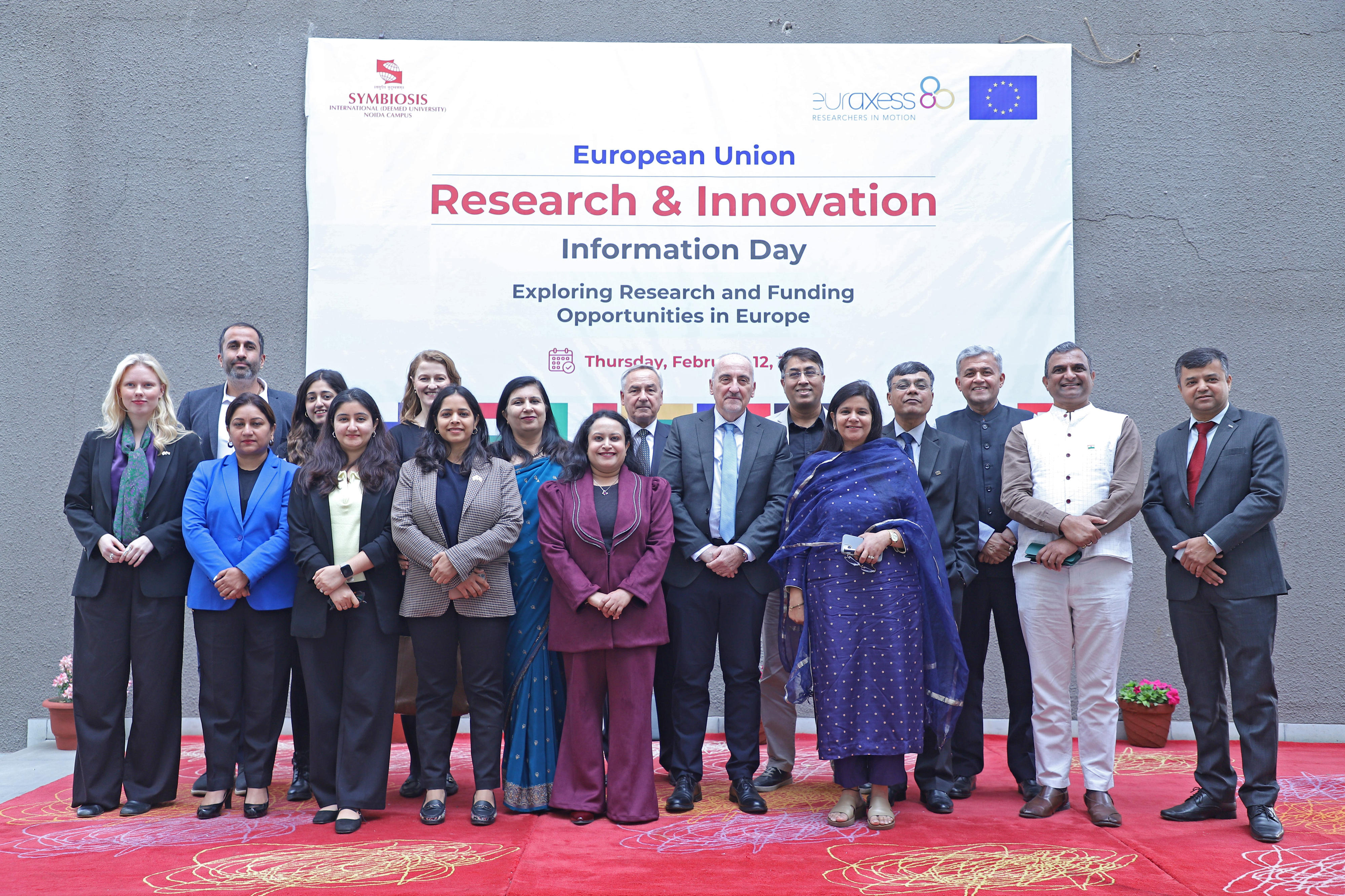 group picture of the The European Union Research and Innovation Counsellors and representatives at Symbiosis International University, Noida Campus