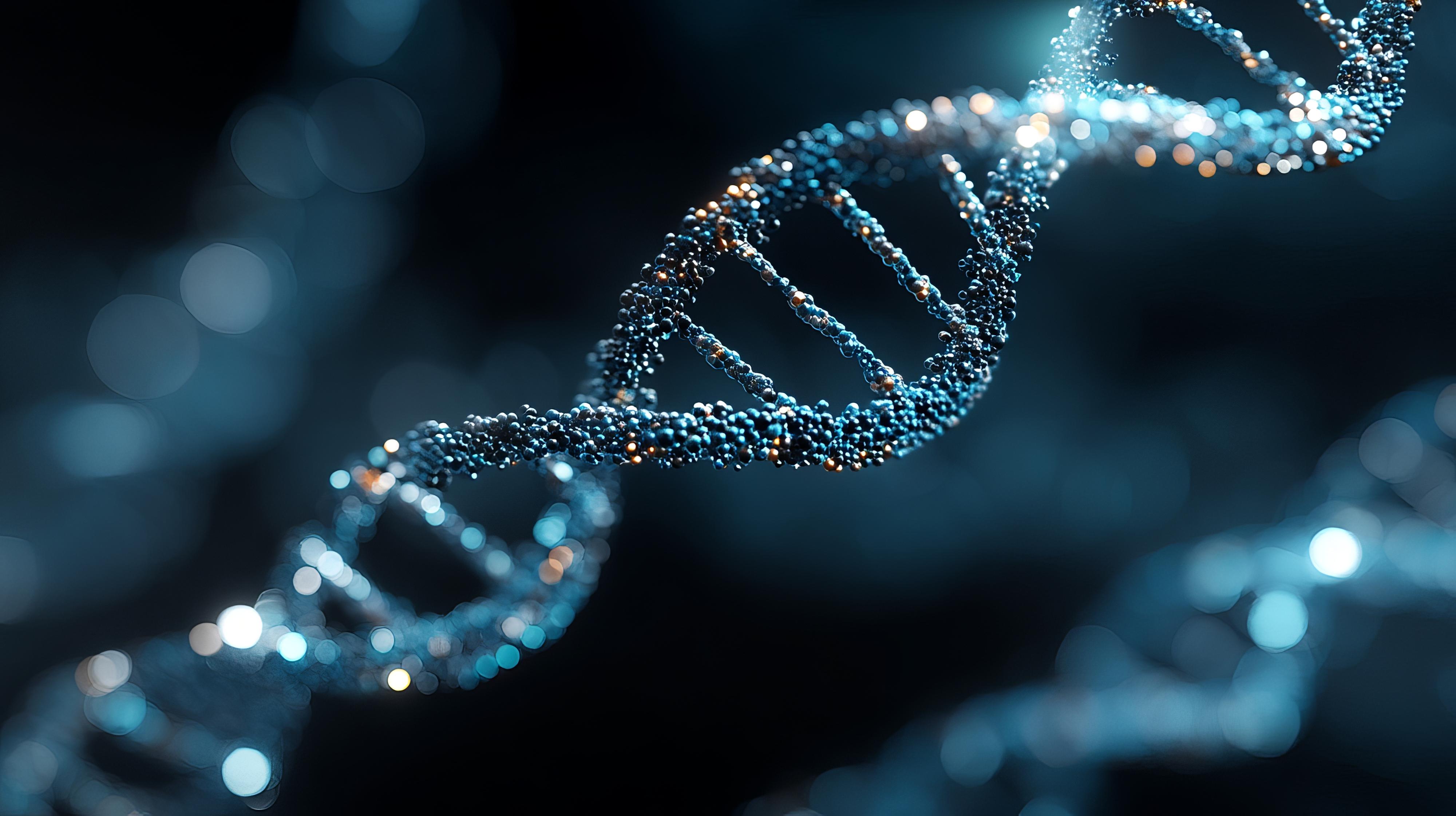 Close-up of a DNA double helix in blue hues, showcasing intricate structures.