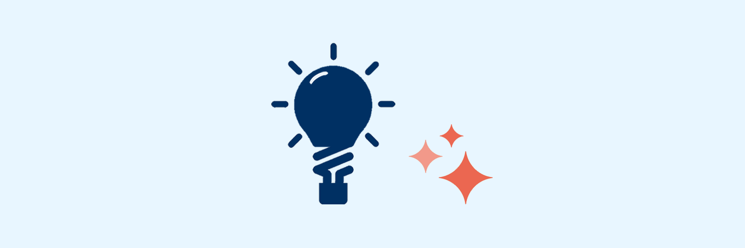 A blue light bulb icon and orange stars of various sizes at the bottom right on a gray background.