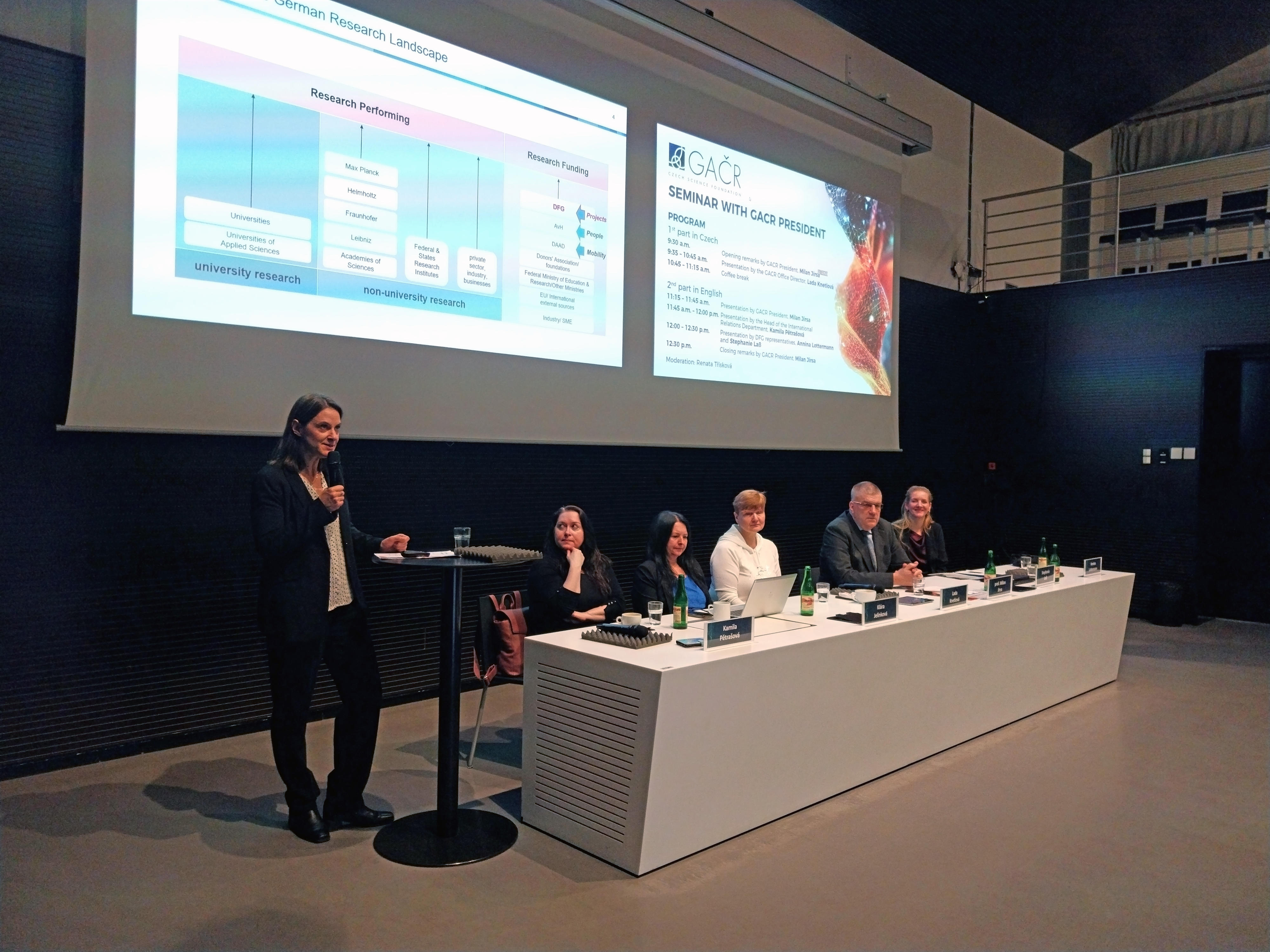 Foto des Podiums mit der Vortragenden Annina Lottermann während ihrer Präsentation von DFG-Programmen zur Förderung der bilateralen und internationalen Kooperation