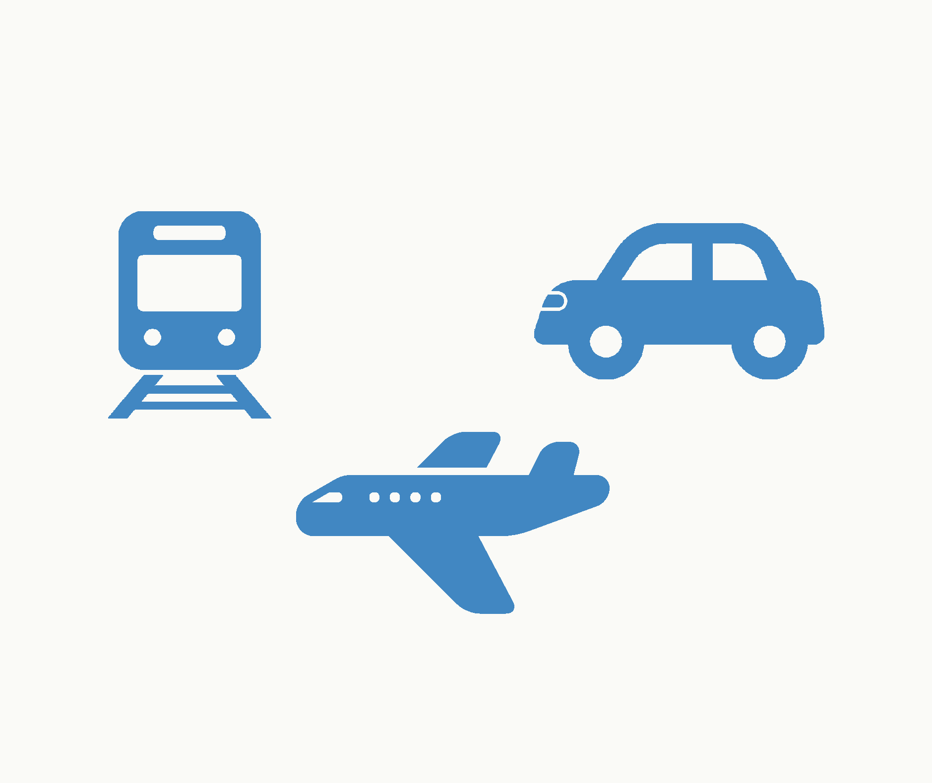 Ein Zug auf einem Gleis, ein Auto und ein Flugzeug