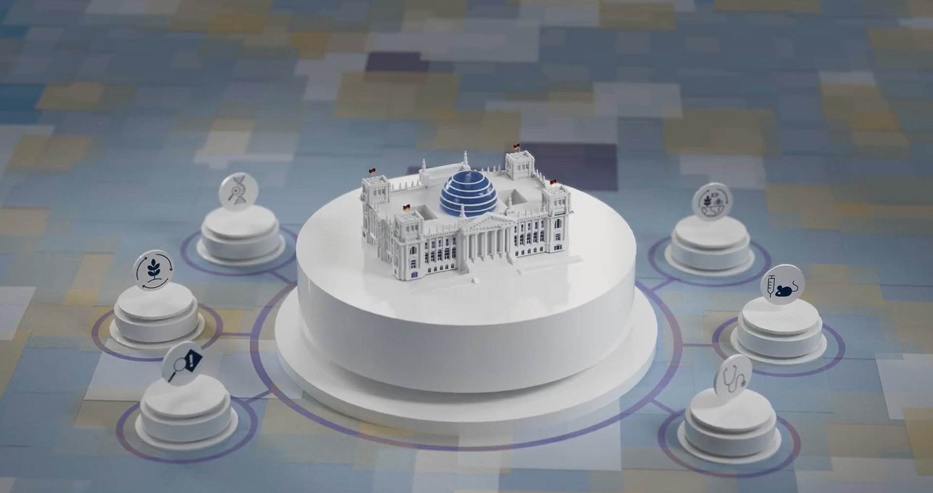 Illustration: In der Mitte der Reichstag, umgeben von Symbolen für die Senatskommissionen