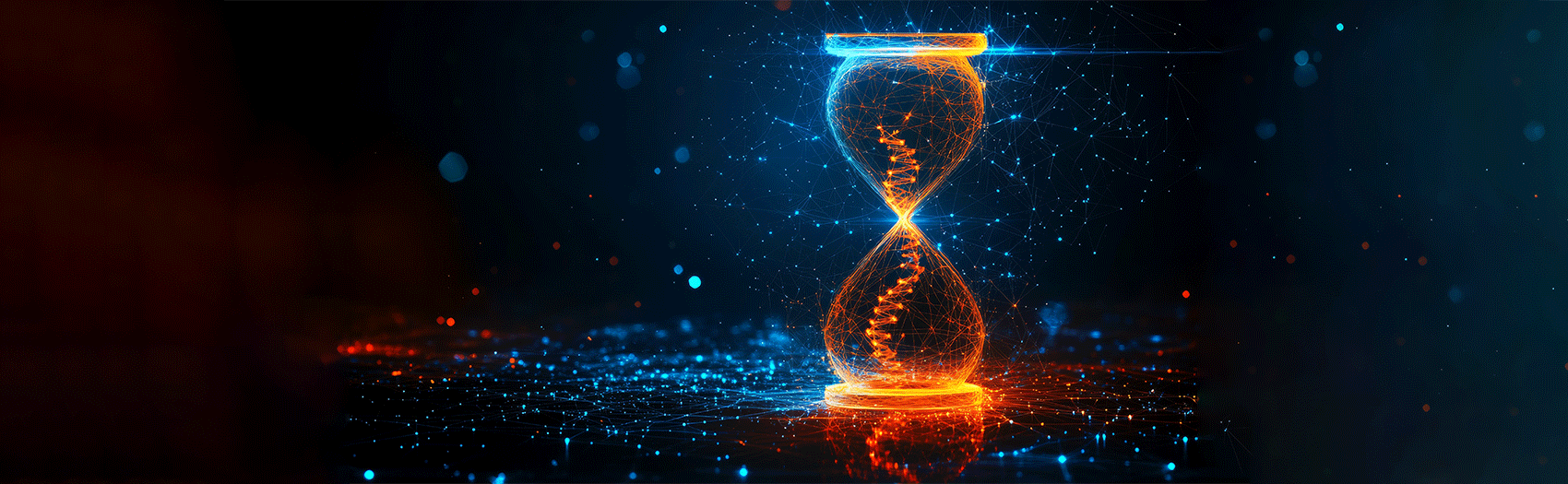 Eine virtuelle orangene Glasuhr, gefüllt mit DNA-ähnlichen Strukturen, steht vor einem blauen, mit Lichtpunkten gesprenkelten Hintergrund.