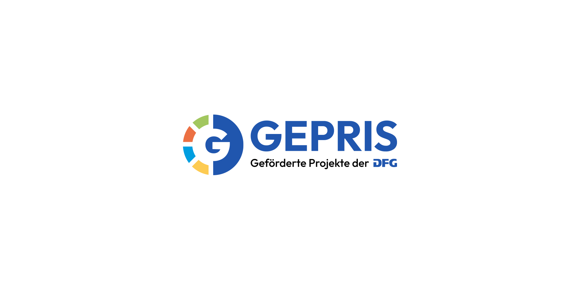 Blauer Schriftzug "GEPRIS" mit Untertitel "Geförderte Projekte der DFG" sowie einem Logo mit den vier Farben der geförderten Fachbereiche.