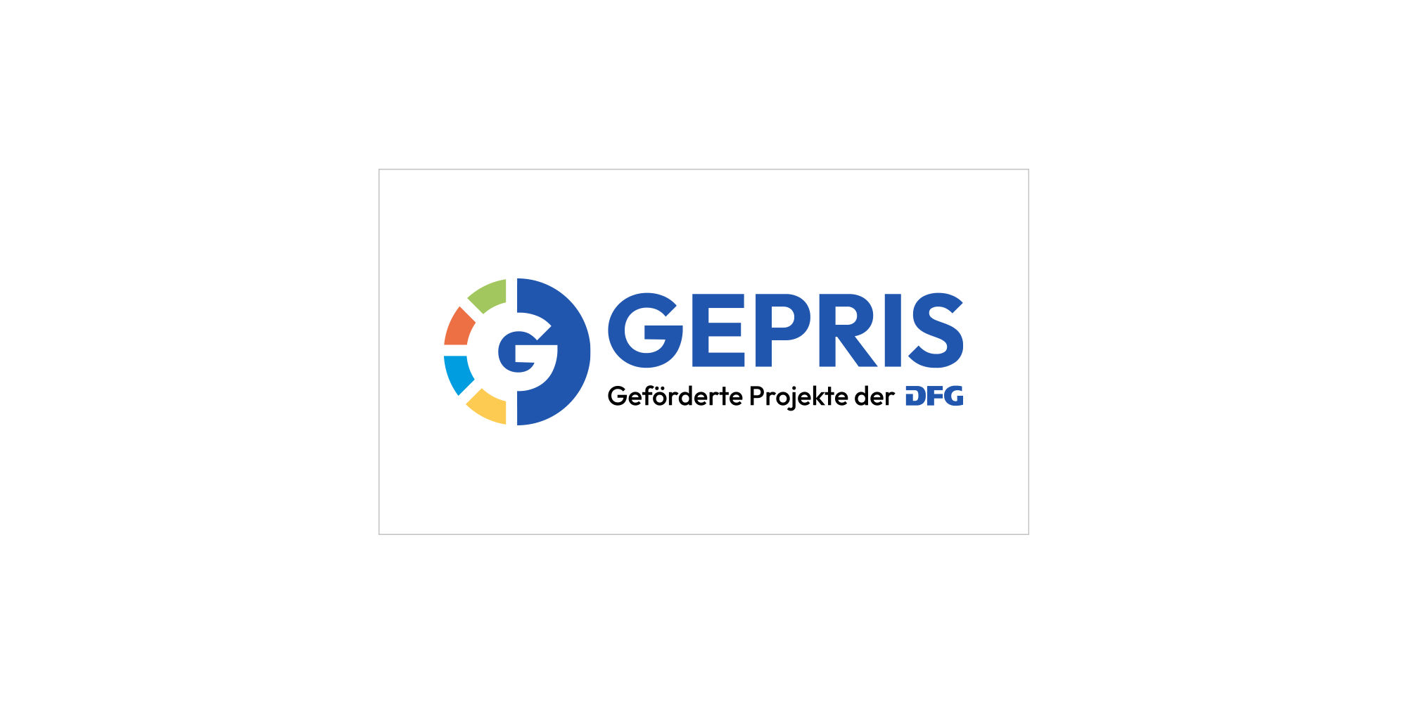 Logo with a grey border and blue lettering reading ‘GEPRIS’ with the subtitle ‘Projects funded by the DFG’ and a logo featuring the four colours of the funded departments.