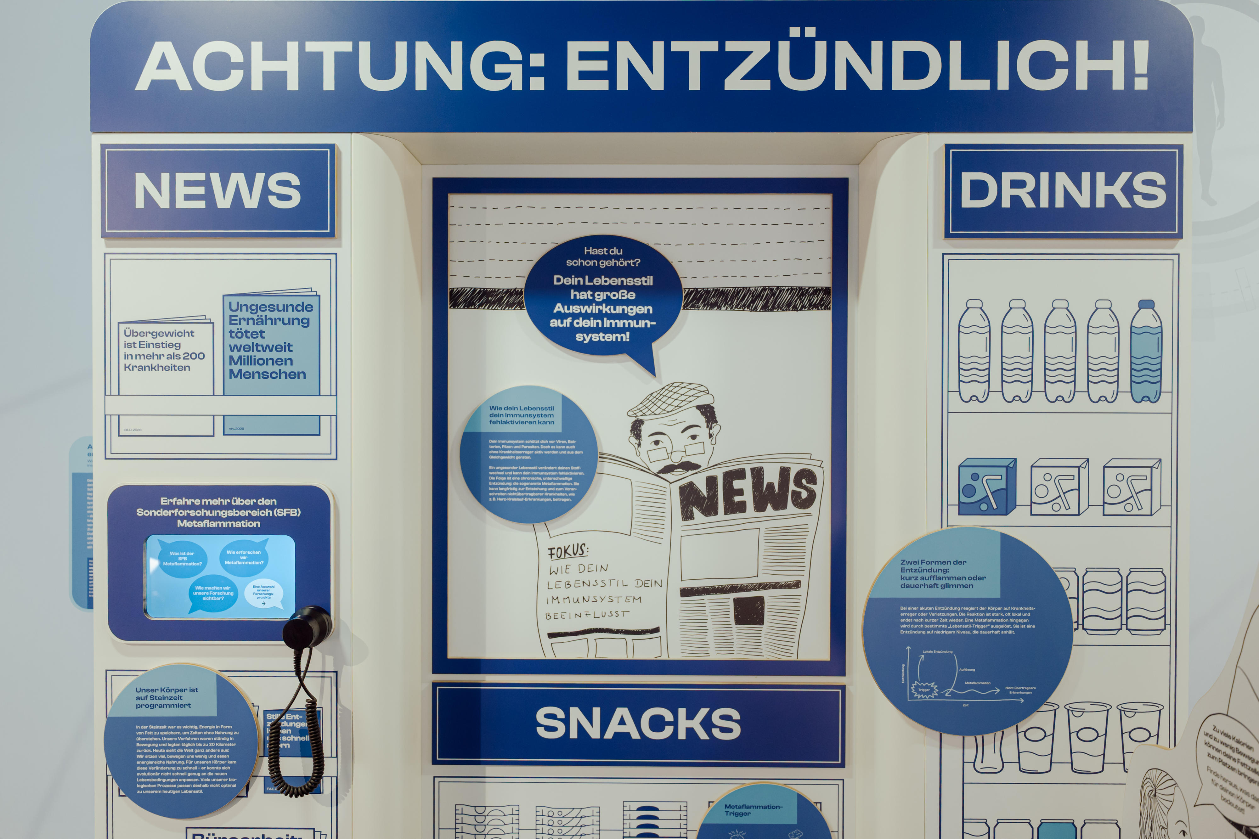 Pappaufsteller, der einen Kioskstand imitiert mit dem Titel "Achtung: entzündlich" und mit grafischen Abbildungen von Zeitungen, Snacks, Getränken.