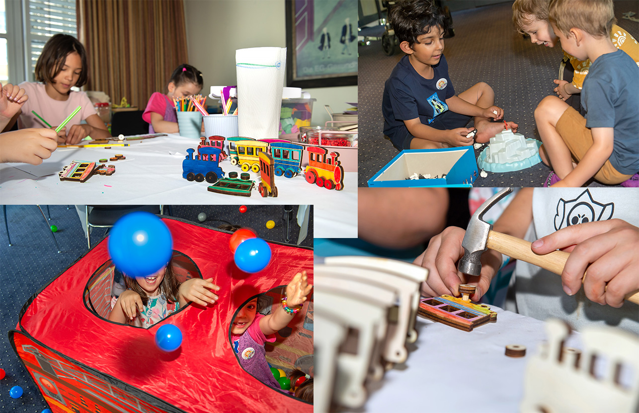 Collage mit spielenden Kindern, die Nägel einhauen, mit Bällen und anderem Gerät spielen