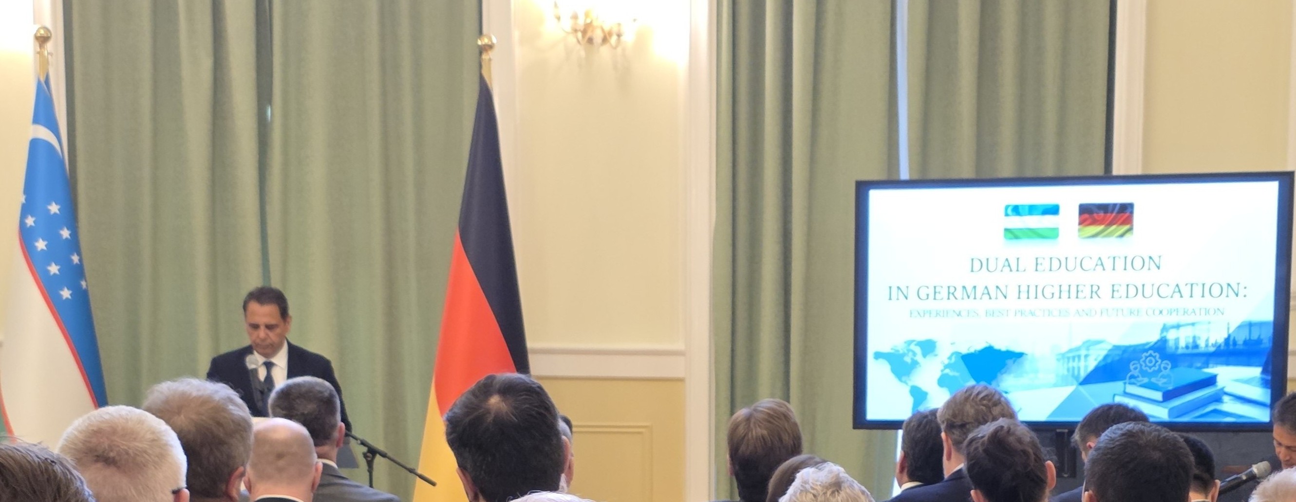 Speech by the Uzbek Minister of Science, Kongratbay Sharipov, at the Embassy of Uzbekistan.