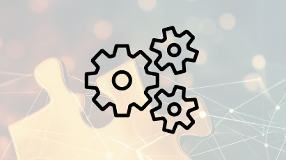 Featured image: Icon of cogs on a background image showing a colourful arrangement of jigsaw pieces connected by network-like lines