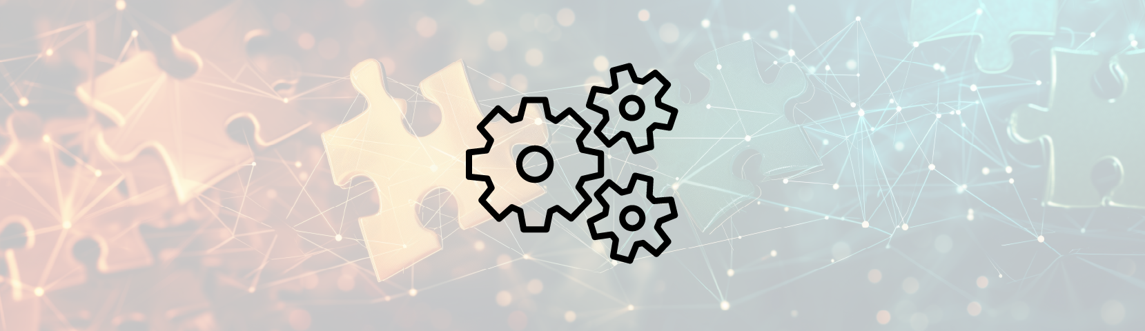 Featured image: Icon of cogs on a background image showing a colourful arrangement of jigsaw pieces connected by network-like lines