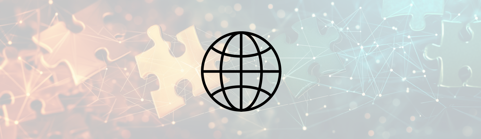 Featured image: An icon of a globe on a background image showing a colourful arrangement of jigsaw pieces connected by network-like lines