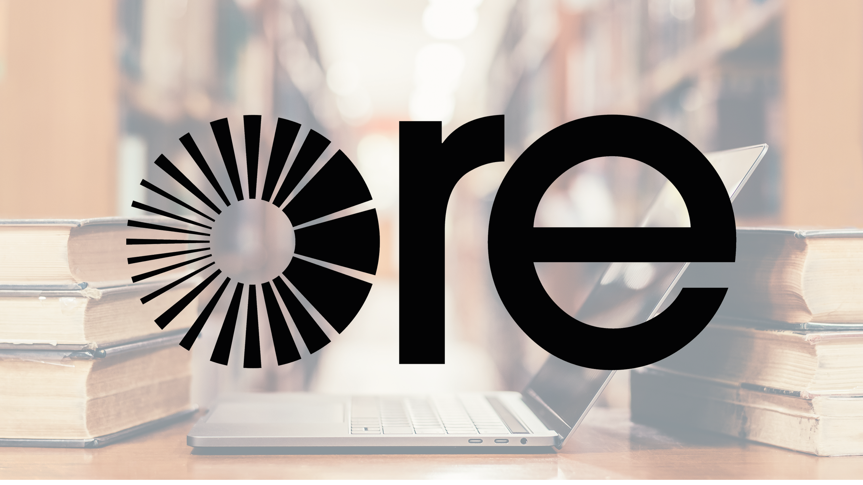 A background image showing an open laptop in a library, surrounded by old bookshelves, with a pictogram on top of it