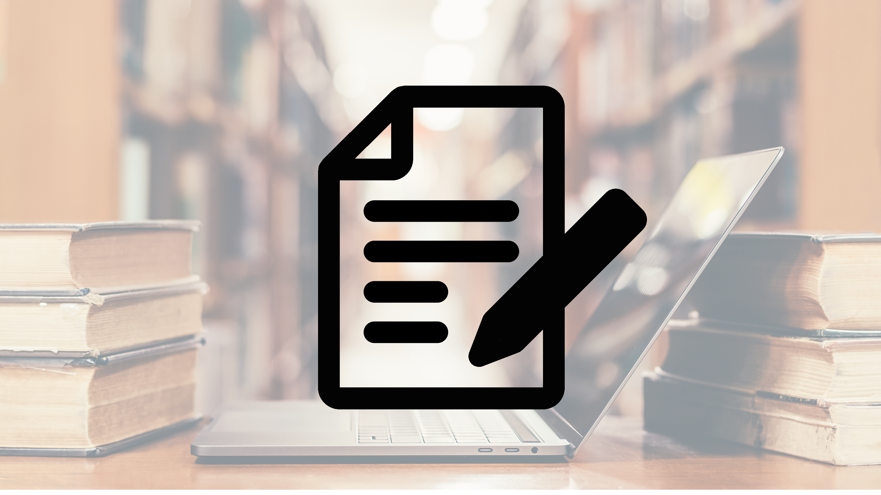 A background image showing an open laptop in a library, surrounded by old bookshelves, with a pictogram on top of it