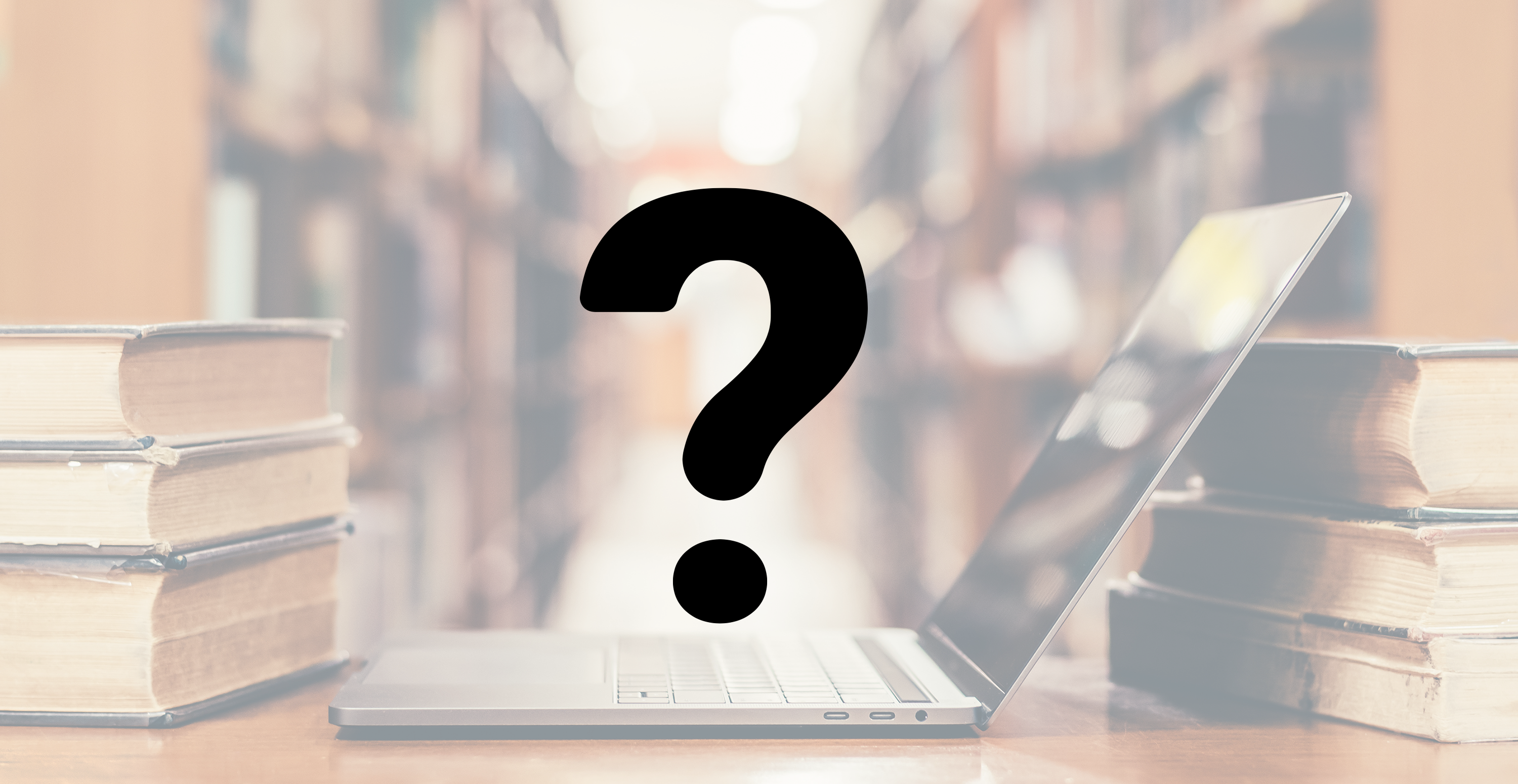 A background image showing an open laptop in a library, surrounded by old bookshelves, with a pictogram on top of it