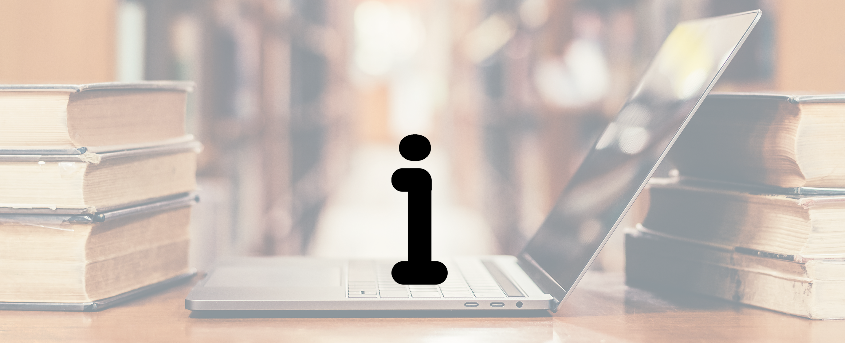 A background image showing an open laptop in a library, surrounded by old bookshelves, with a pictogram on top of it