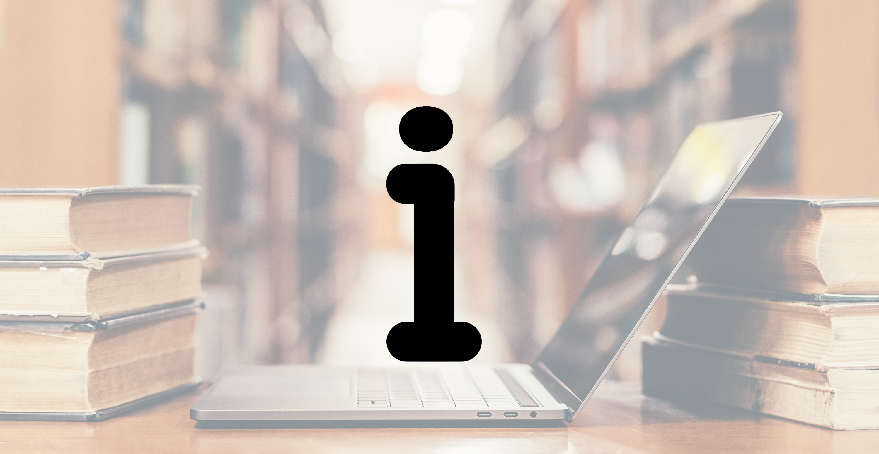 A background image showing an open laptop in a library, surrounded by old bookshelves, with a pictogram on top of it