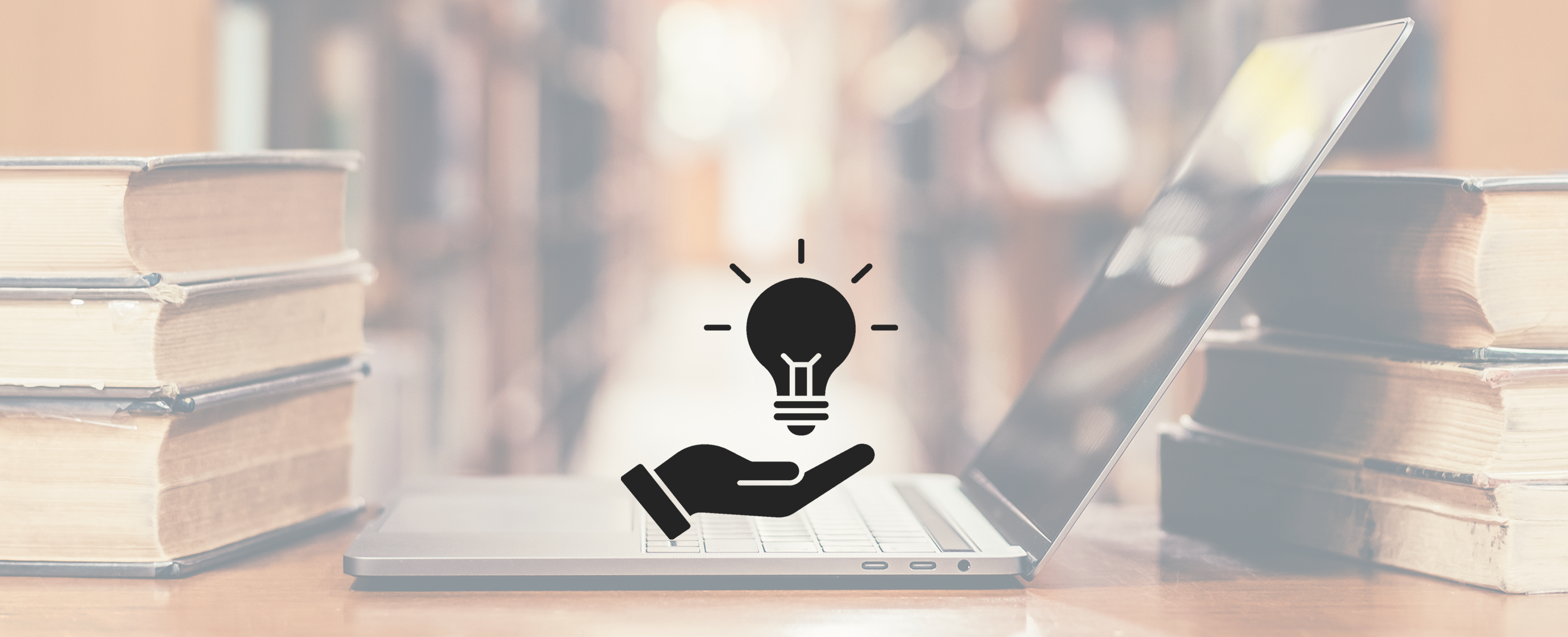A background image showing an open laptop in a library, surrounded by old bookshelves, with a pictogram on top of it