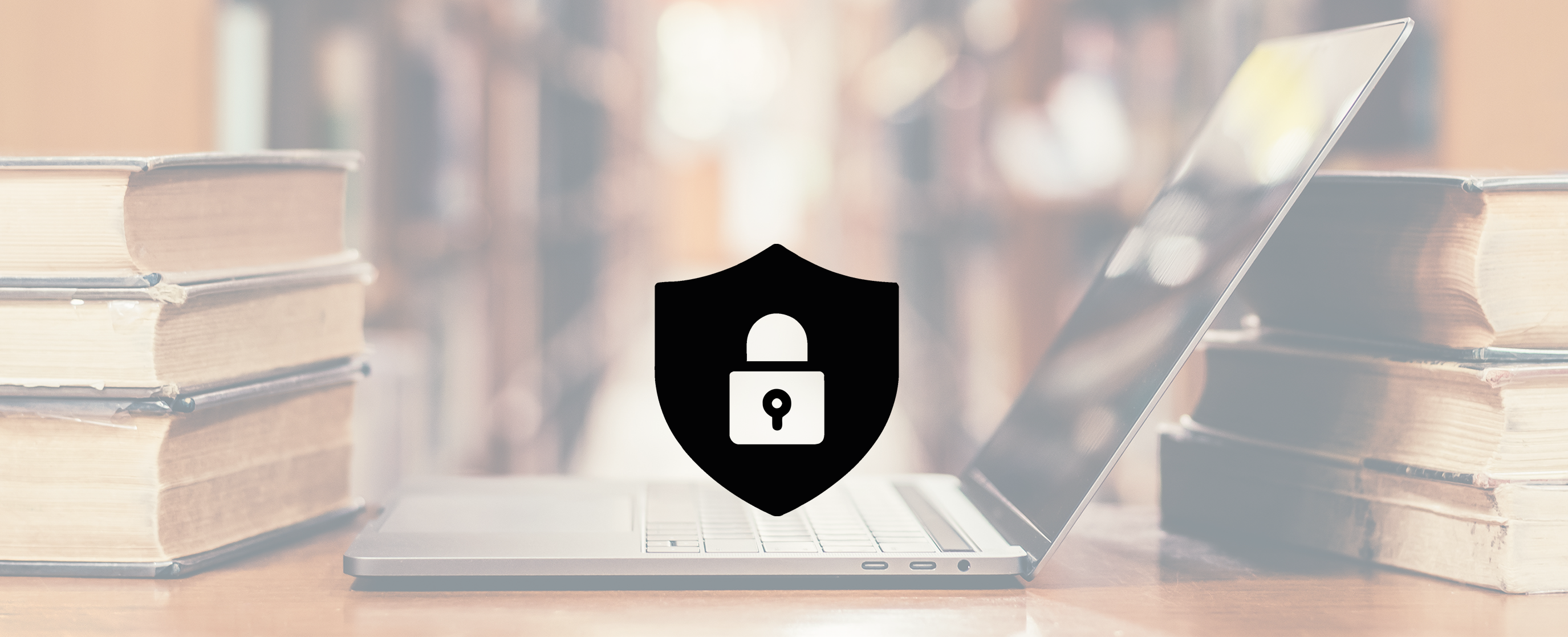 A background image showing an open laptop in a library, surrounded by old bookshelves, with a pictogram on top of it