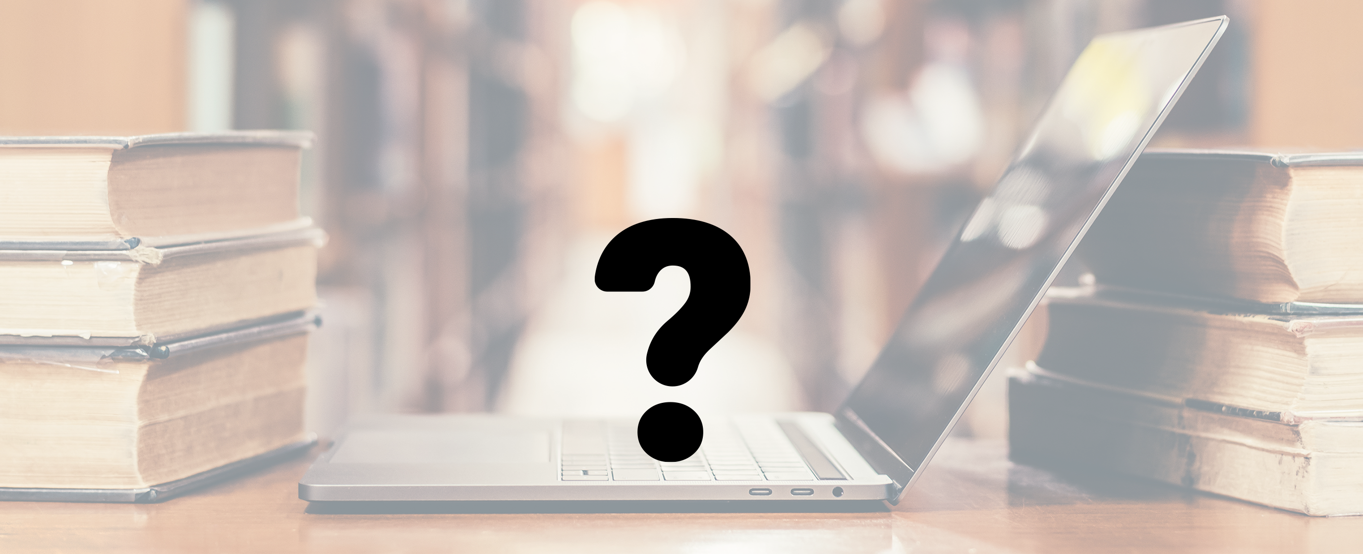 A background image showing an open laptop in a library, surrounded by old bookshelves, with a pictogram on top of it