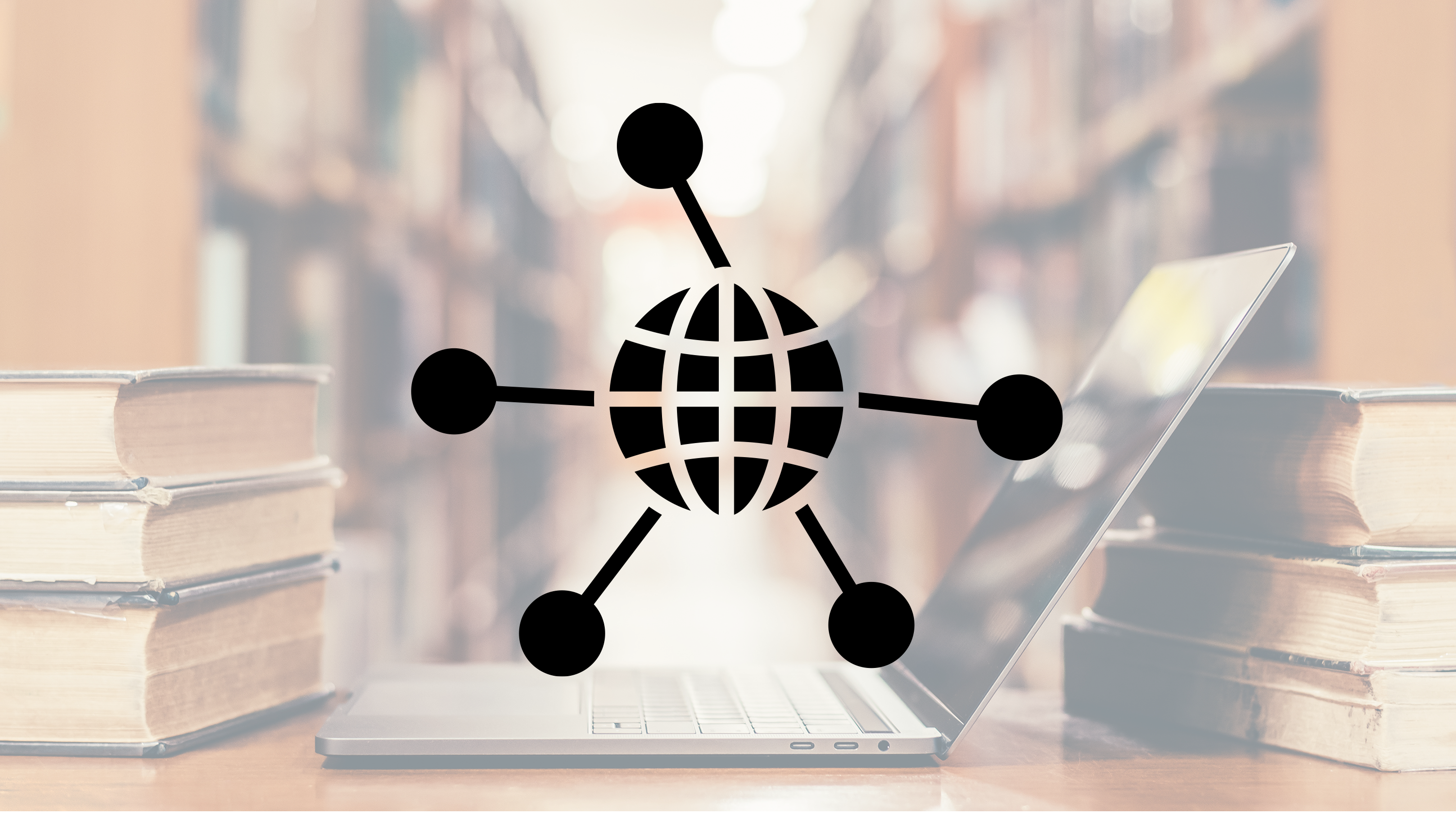 A background image showing an open laptop in a library, surrounded by old bookshelves, with a pictogram on top of it