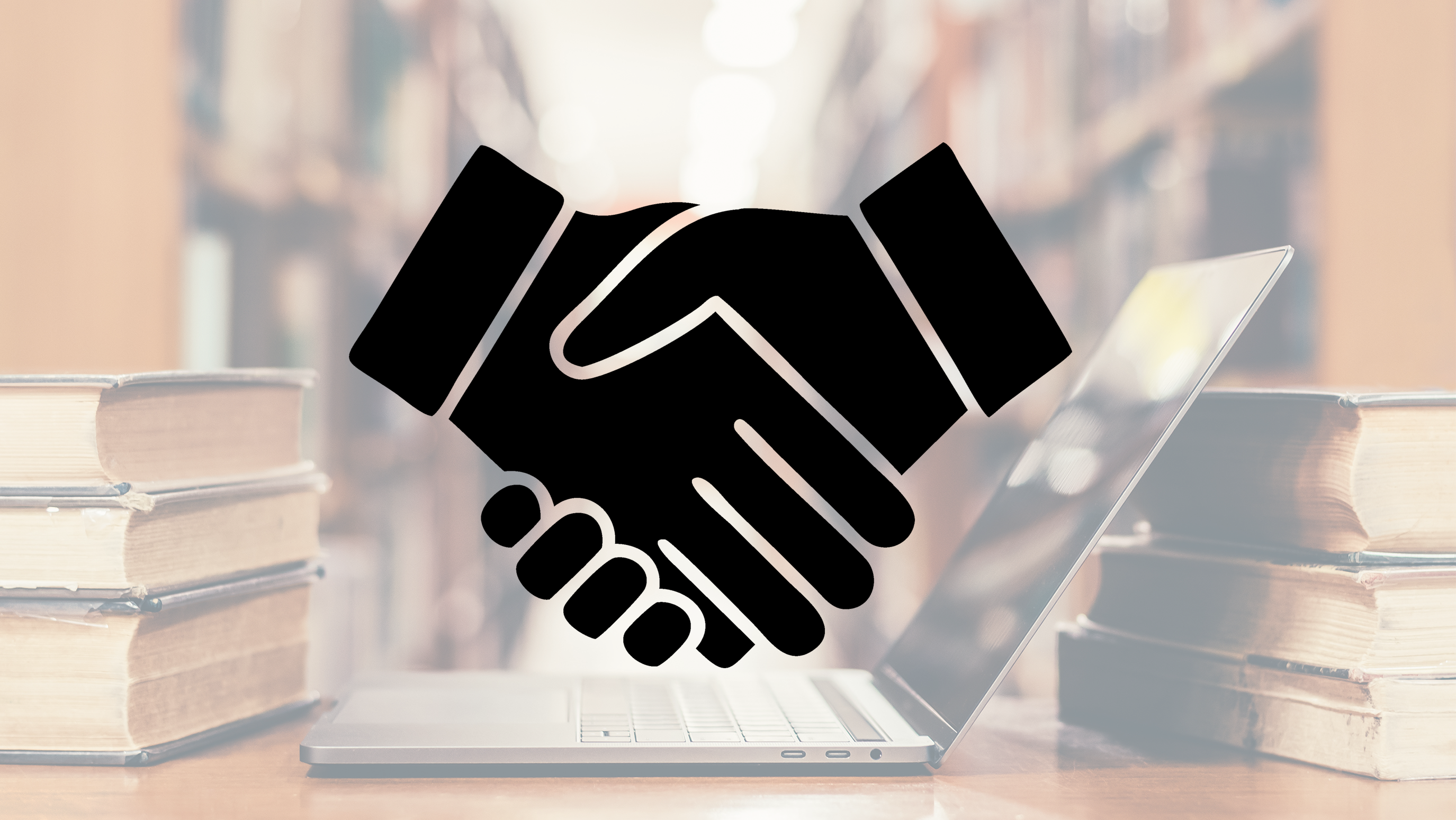 A background image showing an open laptop in a library, surrounded by old bookshelves, with a pictogram on top of it