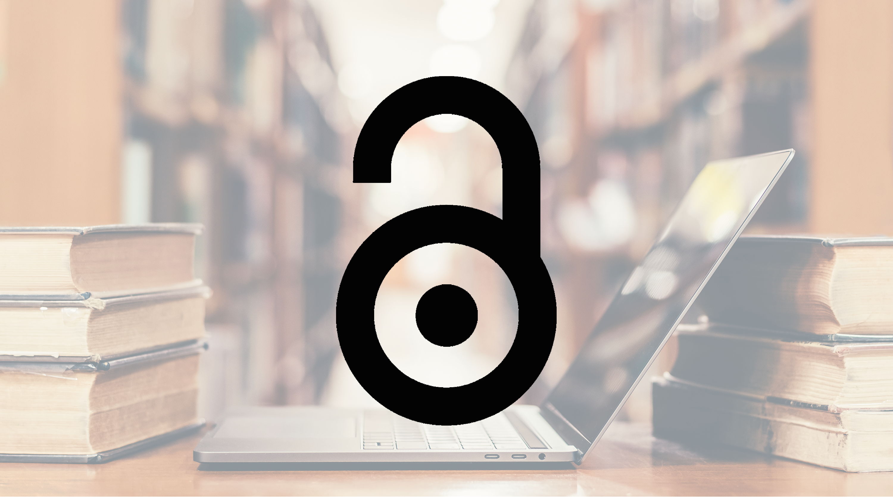 A background image showing an open laptop in a library, surrounded by old bookshelves, with a pictogram on top of it